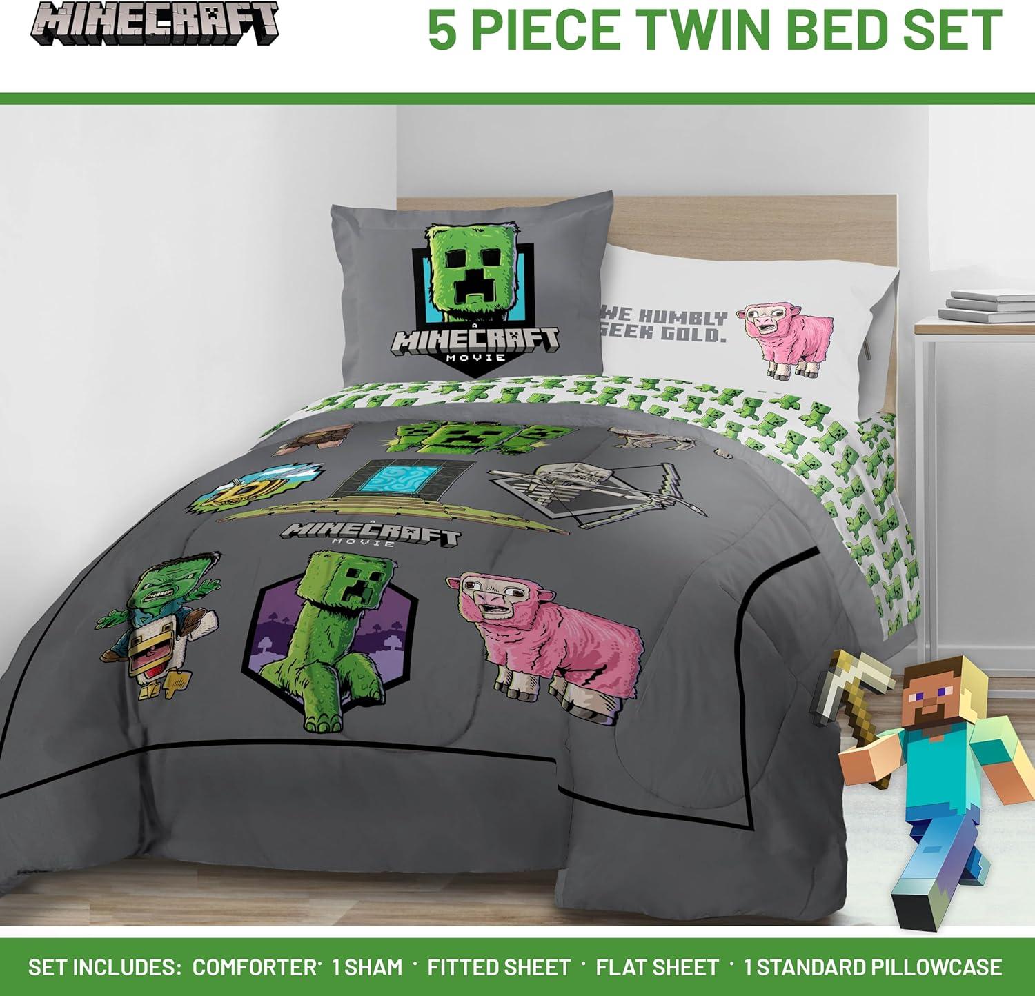 imageJay Franco Kids Comforter Set Includes Sheets and Pillow Covers Soft and Cozy Bed Set for Stylish Room Decor Blue Bluey 5 Piece Twin Size BeddingGrey Minecraft Movie