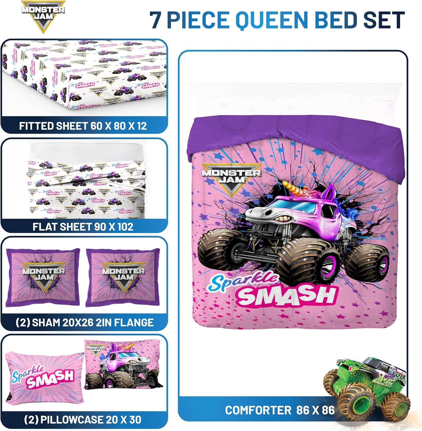 imageJay Franco Kids Comforter Set Includes Sheets and Pillow Covers Soft and Cozy Bed Set for Stylish Room Decor Blue Bluey 5 Piece Twin Size BeddingPink Monster Jam