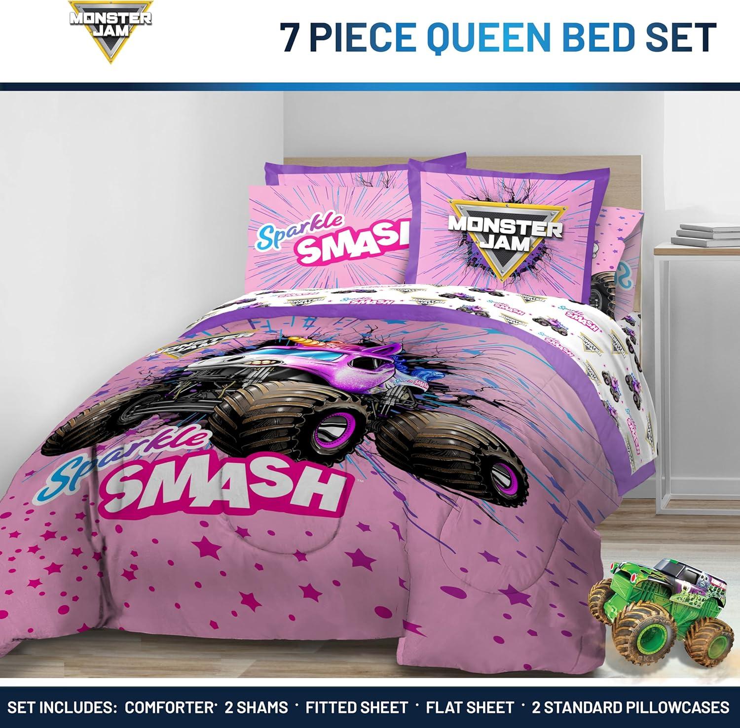 imageJay Franco Kids Comforter Set Includes Sheets and Pillow Covers Soft and Cozy Bed Set for Stylish Room Decor Blue Bluey 5 Piece Twin Size BeddingPink Monster Jam