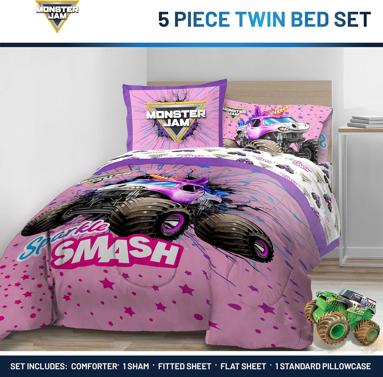 imageJay Franco Kids Comforter Set Includes Sheets and Pillow Covers Soft and Cozy Bed Set for Stylish Room Decor Blue Bluey 5 Piece Twin Size BeddingPink Monster Jam