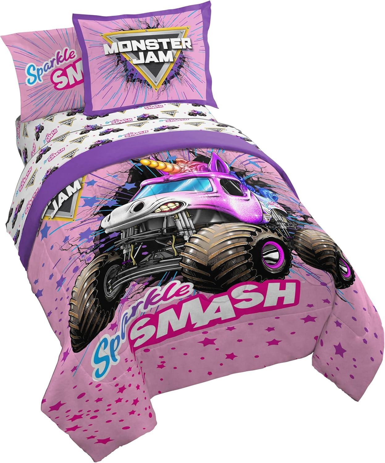 imageJay Franco Kids Comforter Set Includes Sheets and Pillow Covers Soft and Cozy Bed Set for Stylish Room Decor Blue Bluey 5 Piece Twin Size BeddingPink Monster Jam