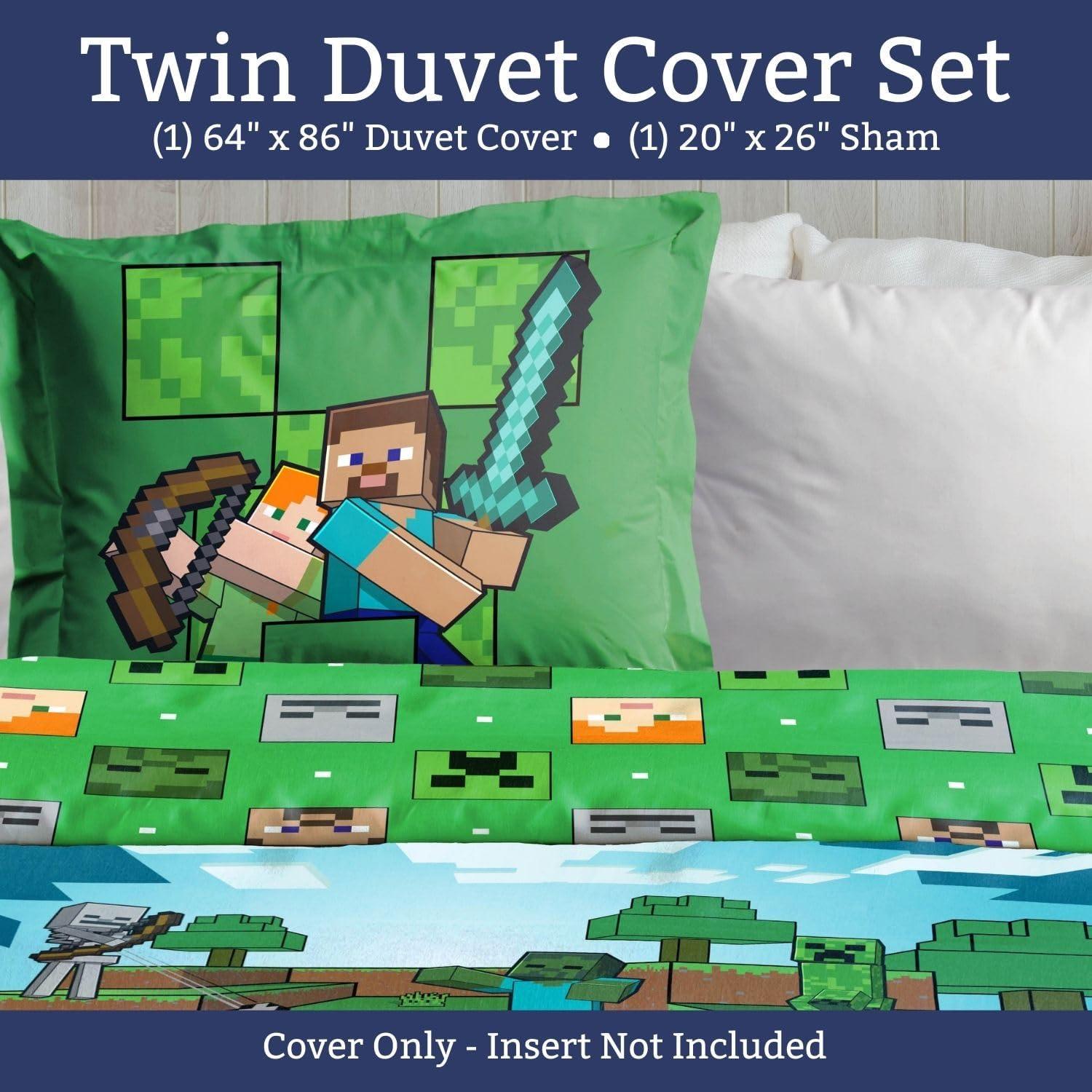 imageJay Franco Kids Duvet Cover Set 3 Piece Super Soft Bedding with Sham Pillowcase Cover ONLY Comforter Not Included Multi Bluey QueenBlue Minecraft