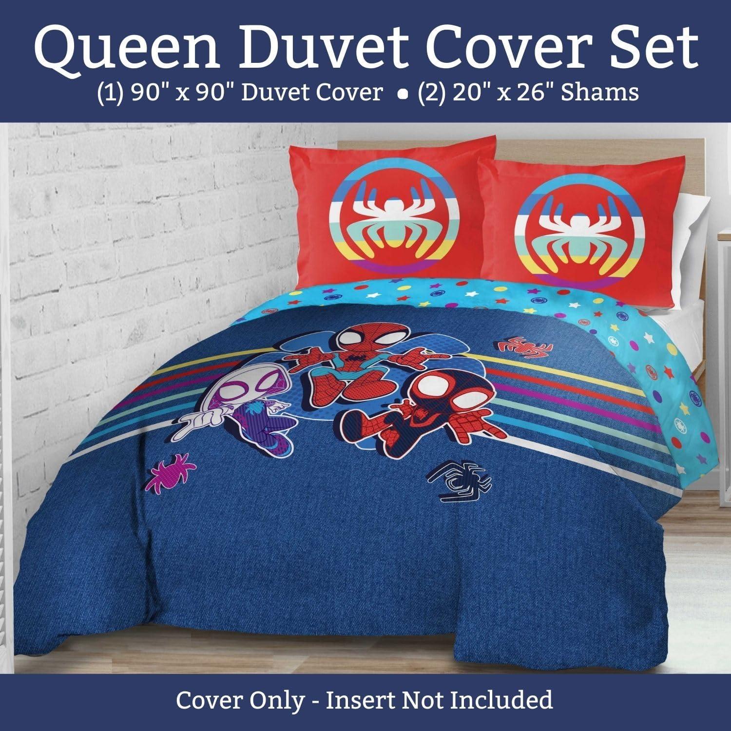 imageJay Franco Kids Duvet Cover Set 3 Piece Super Soft Bedding with Sham Pillowcase Cover ONLY Comforter Not Included Multi Bluey QueenBlue Spidey Friends