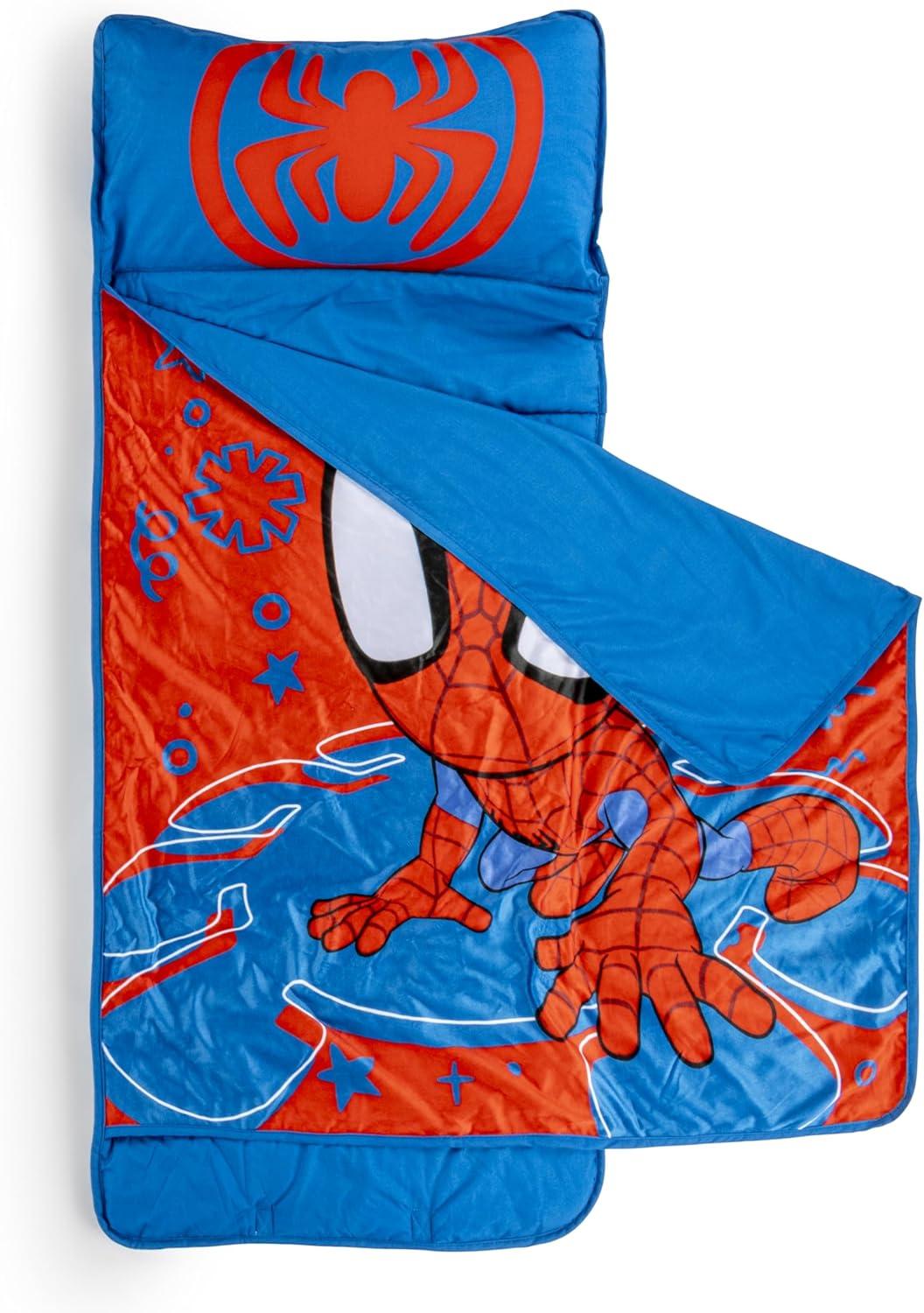 imageJay Franco Kids Nap Mat with Embedded Pillow amp Blanket Soft 46x20 Microfiber Sleeping Bag with Name Tag amp Handle for School Travel Sleepover Blue BlueyRed Spidey