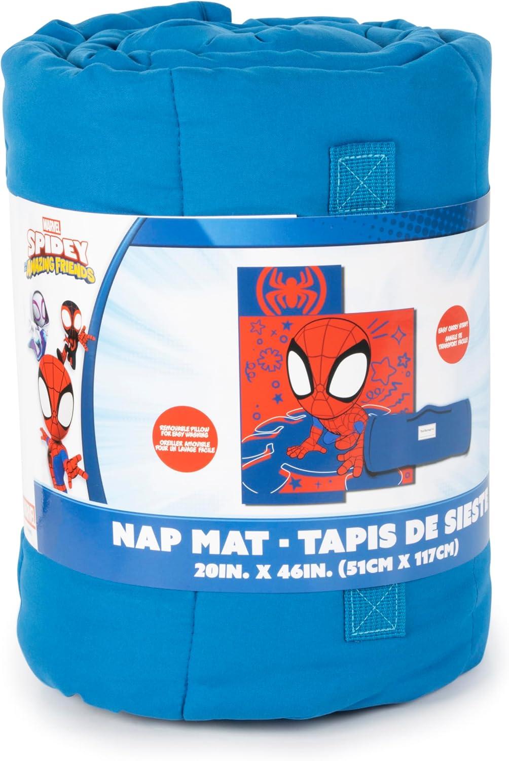 imageJay Franco Kids Nap Mat with Embedded Pillow amp Blanket Soft 46x20 Microfiber Sleeping Bag with Name Tag amp Handle for School Travel Sleepover Blue BlueyRed Spidey