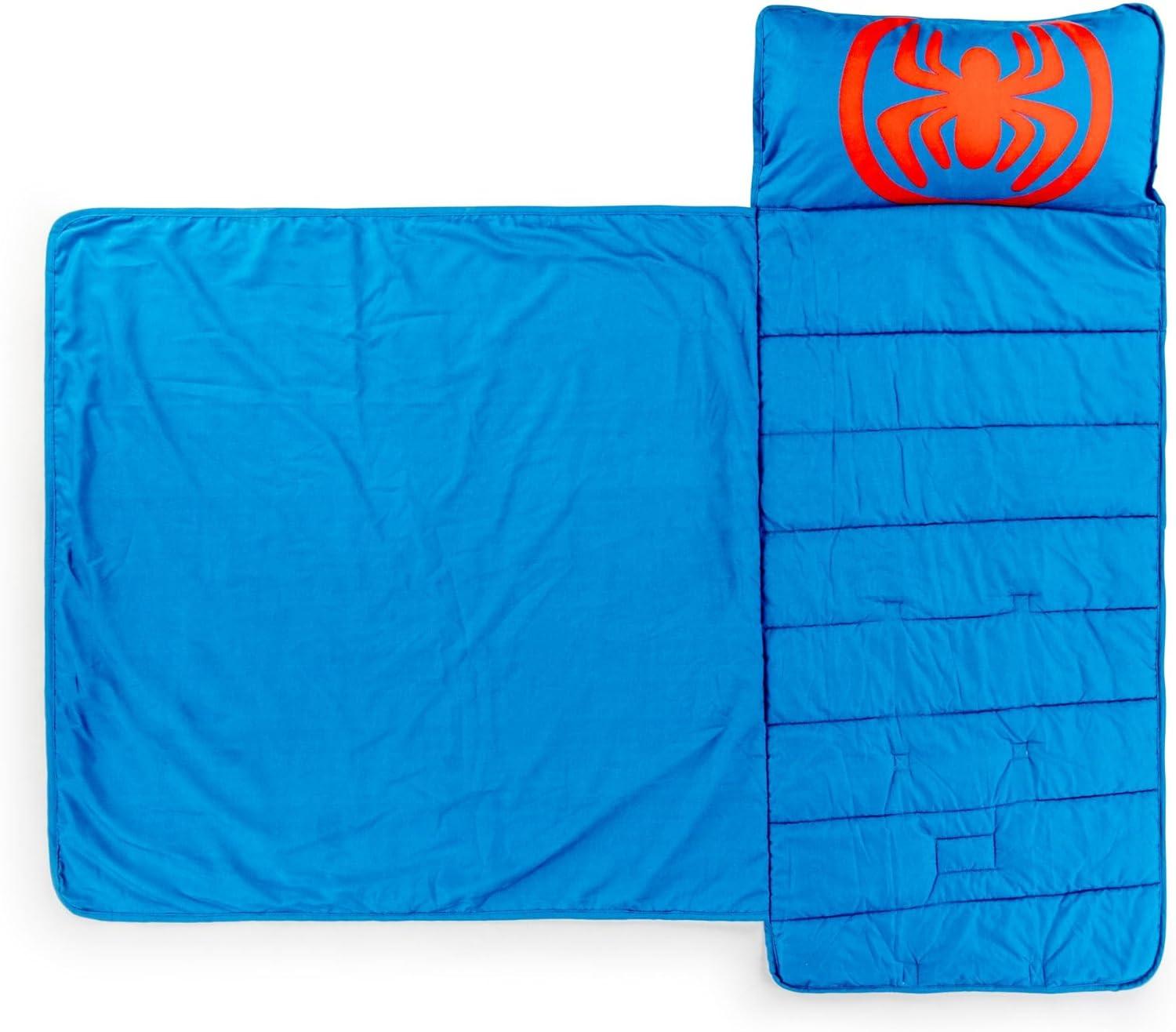 imageJay Franco Kids Nap Mat with Embedded Pillow amp Blanket Soft 46x20 Microfiber Sleeping Bag with Name Tag amp Handle for School Travel Sleepover Blue BlueyRed Spidey