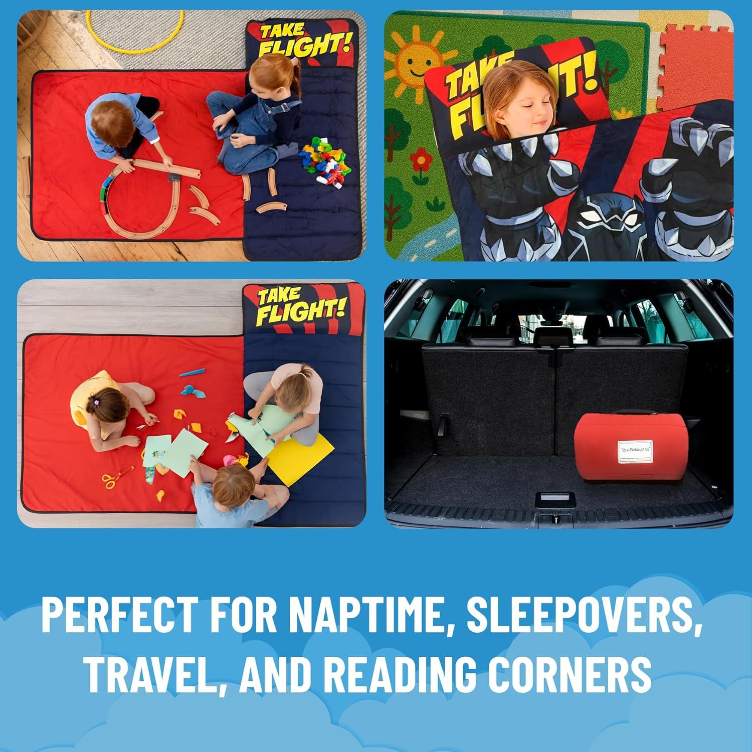 imageJay Franco Kids Nap Mat with Embedded Pillow amp Blanket Soft 46x20 Microfiber Sleeping Bag with Name Tag amp Handle for School Travel Sleepover Blue BlueyBlue Black Panther