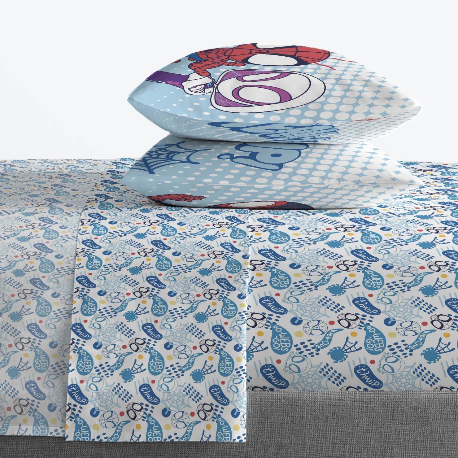 imageJay Franco Kids Sheet Set with Fitted Flat Sheets amp Pillow Cover UltraSoft Bedding with Pillowcase for Room Decor Blue Bluey amp Bingo 3 Piece TwinMulti Spidey Friends