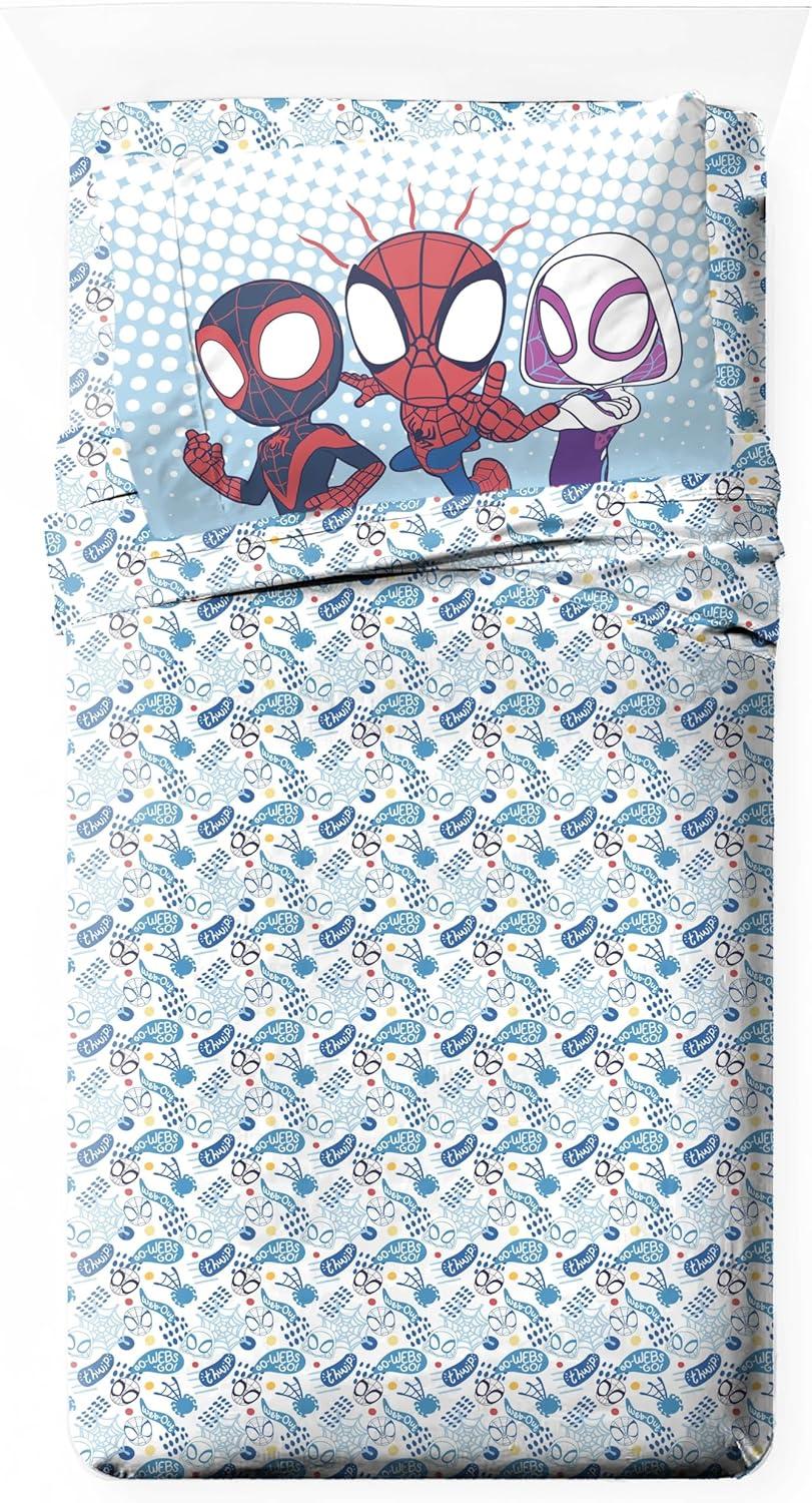 imageJay Franco Kids Sheet Set with Fitted Flat Sheets amp Pillow Cover UltraSoft Bedding with Pillowcase for Room Decor Blue Bluey amp Bingo 3 Piece TwinMulti Spidey Friends