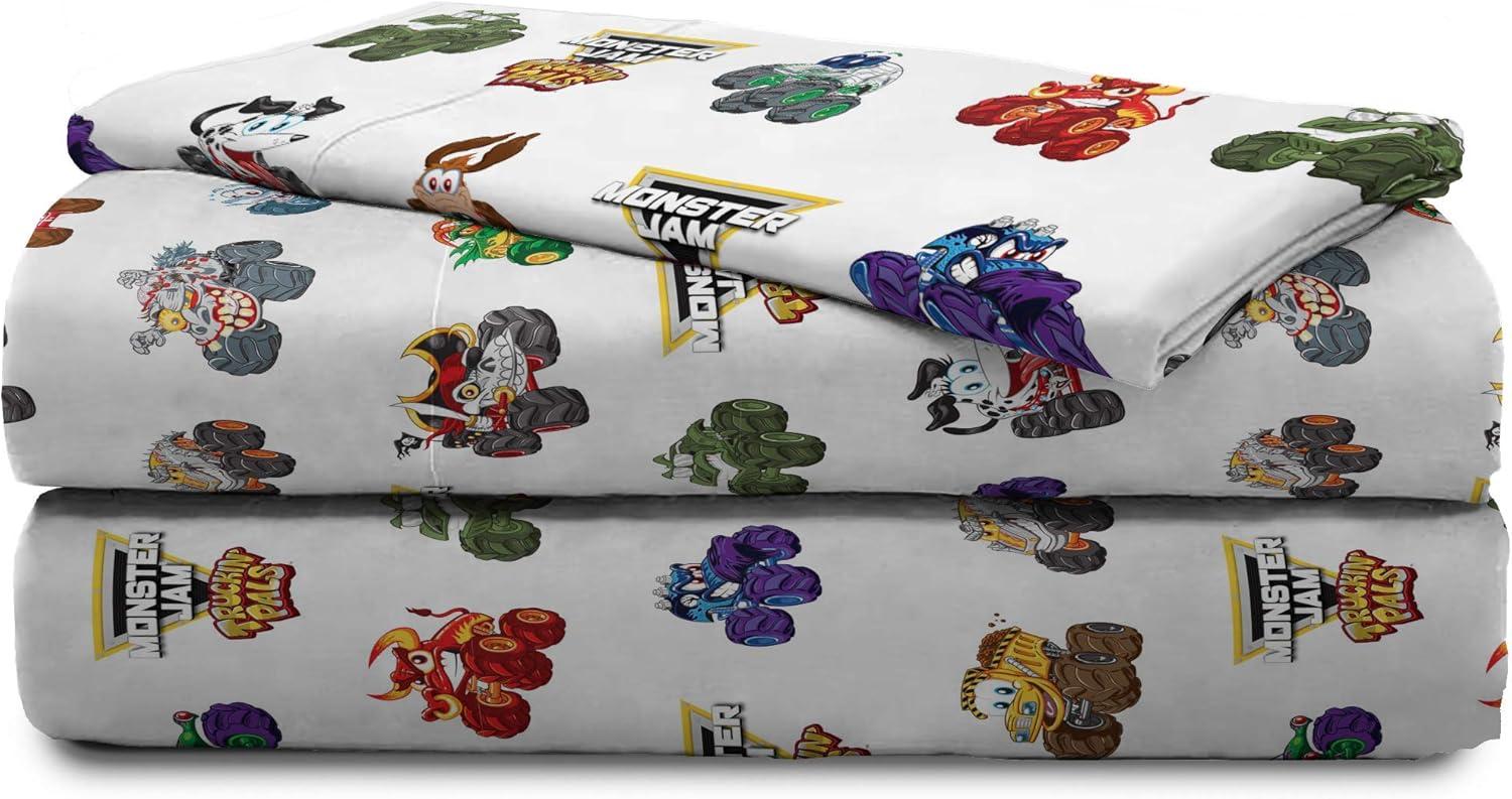 imageJay Franco Kids Sheet Set with Fitted Flat Sheets amp Pillow Cover UltraSoft Bedding with Pillowcase for Room Decor Blue Bluey amp Bingo 3 Piece TwinWhite Monster Jam