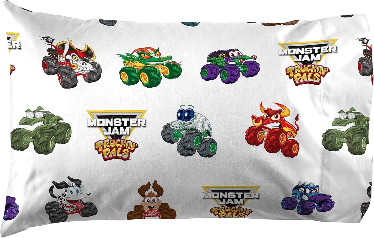 imageJay Franco Kids Sheet Set with Fitted Flat Sheets amp Pillow Cover UltraSoft Bedding with Pillowcase for Room Decor Blue Bluey amp Bingo 3 Piece TwinWhite Monster Jam