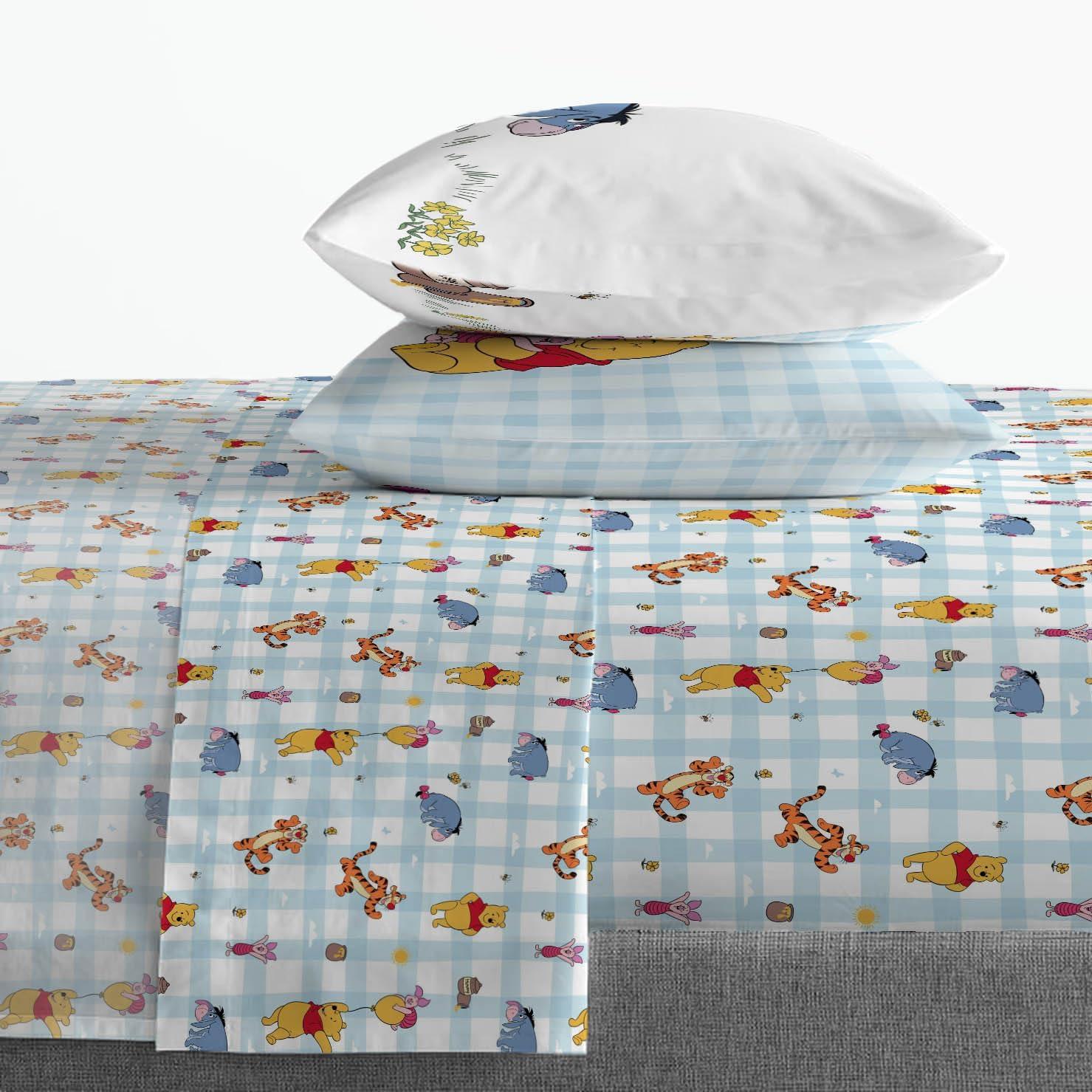 imageJay Franco Kids Sheet Set with Fitted Flat Sheets amp Pillow Cover UltraSoft Bedding with Pillowcase for Room Decor Blue Bluey amp Bingo 3 Piece TwinWhite Winnie the Pooh