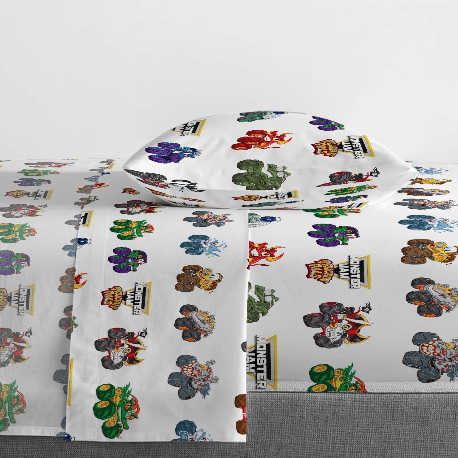 imageJay Franco Kids Sheet Set with Fitted Flat Sheets amp Pillow Cover UltraSoft Bedding with Pillowcase for Room Decor Blue Bluey amp Bingo 3 Piece TwinWhite Monster Jam