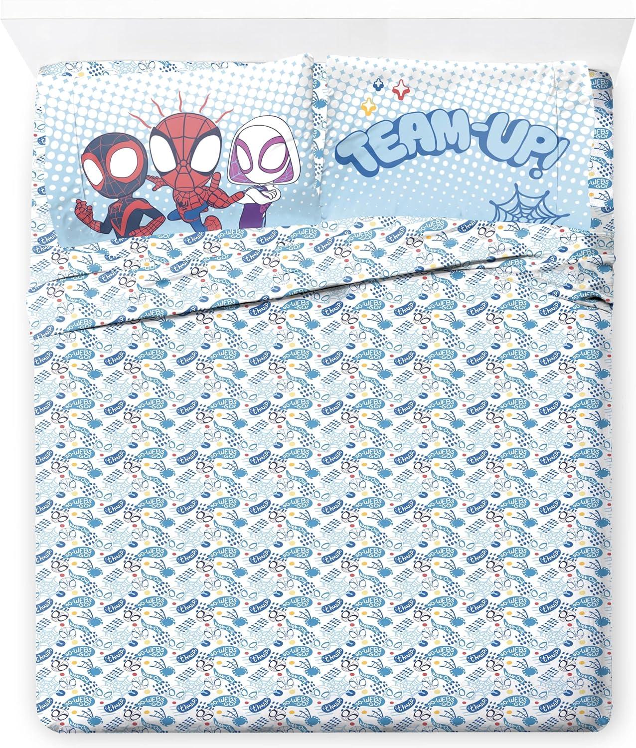 imageJay Franco Kids Sheet Set with Fitted Flat Sheets amp Pillow Cover UltraSoft Bedding with Pillowcase for Room Decor Blue Bluey amp Bingo 3 Piece TwinMulti Spidey Friends