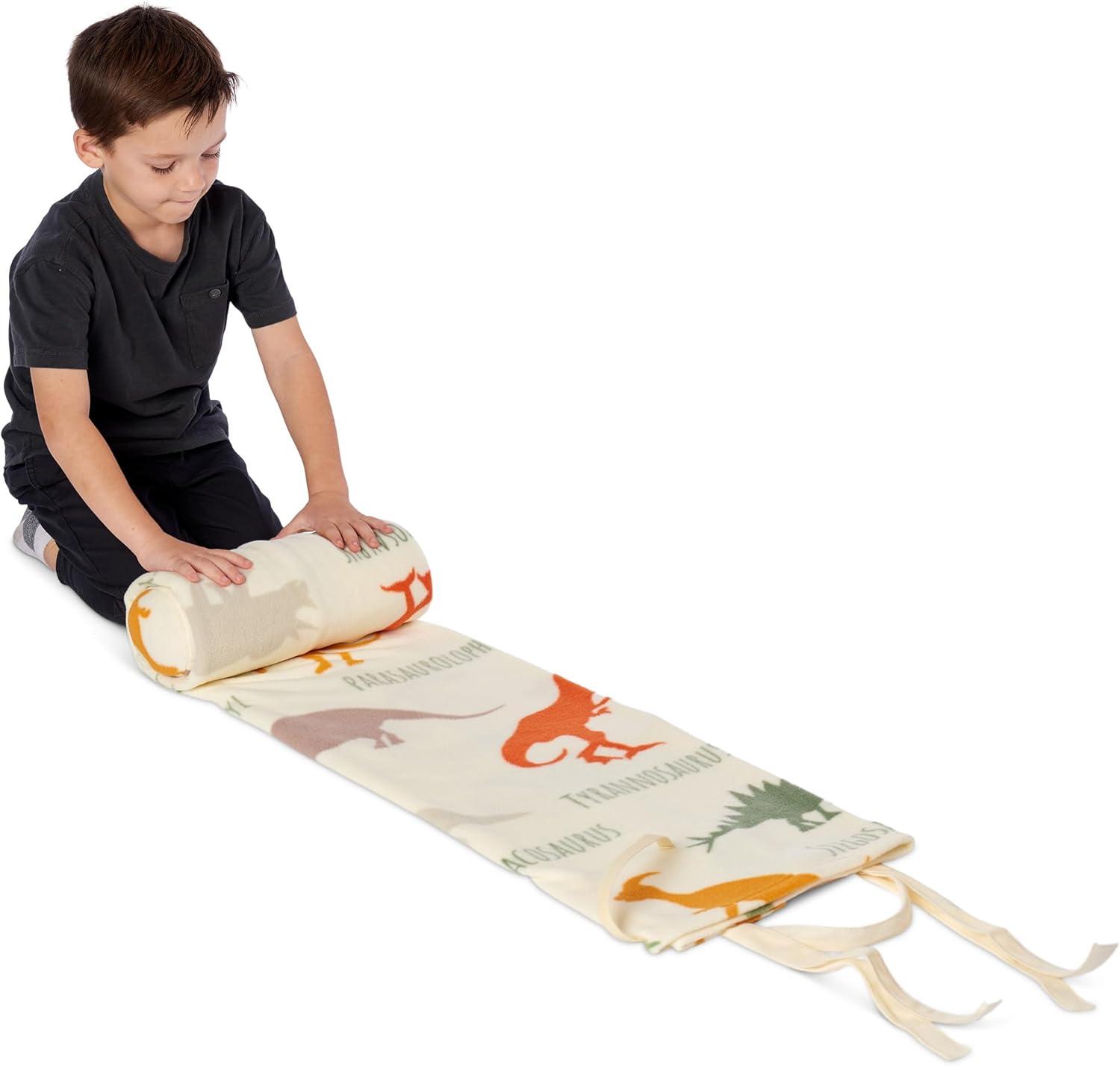 imageROLLEE POLLEE Nap Sac Roll Up Napping Blanket with Attached Pillow for PreschoolDaycare Super Soft with Elastic Straps Fits Most Mats and CotsDino Roll Call