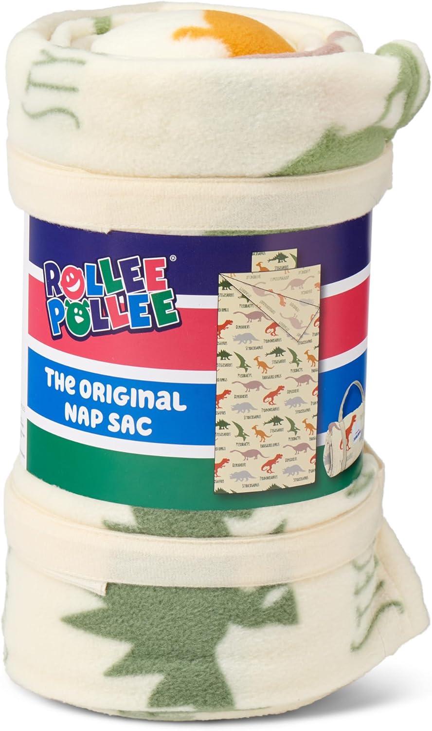 imageROLLEE POLLEE Nap Sac Roll Up Napping Blanket with Attached Pillow for PreschoolDaycare Super Soft with Elastic Straps Fits Most Mats and CotsDino Roll Call