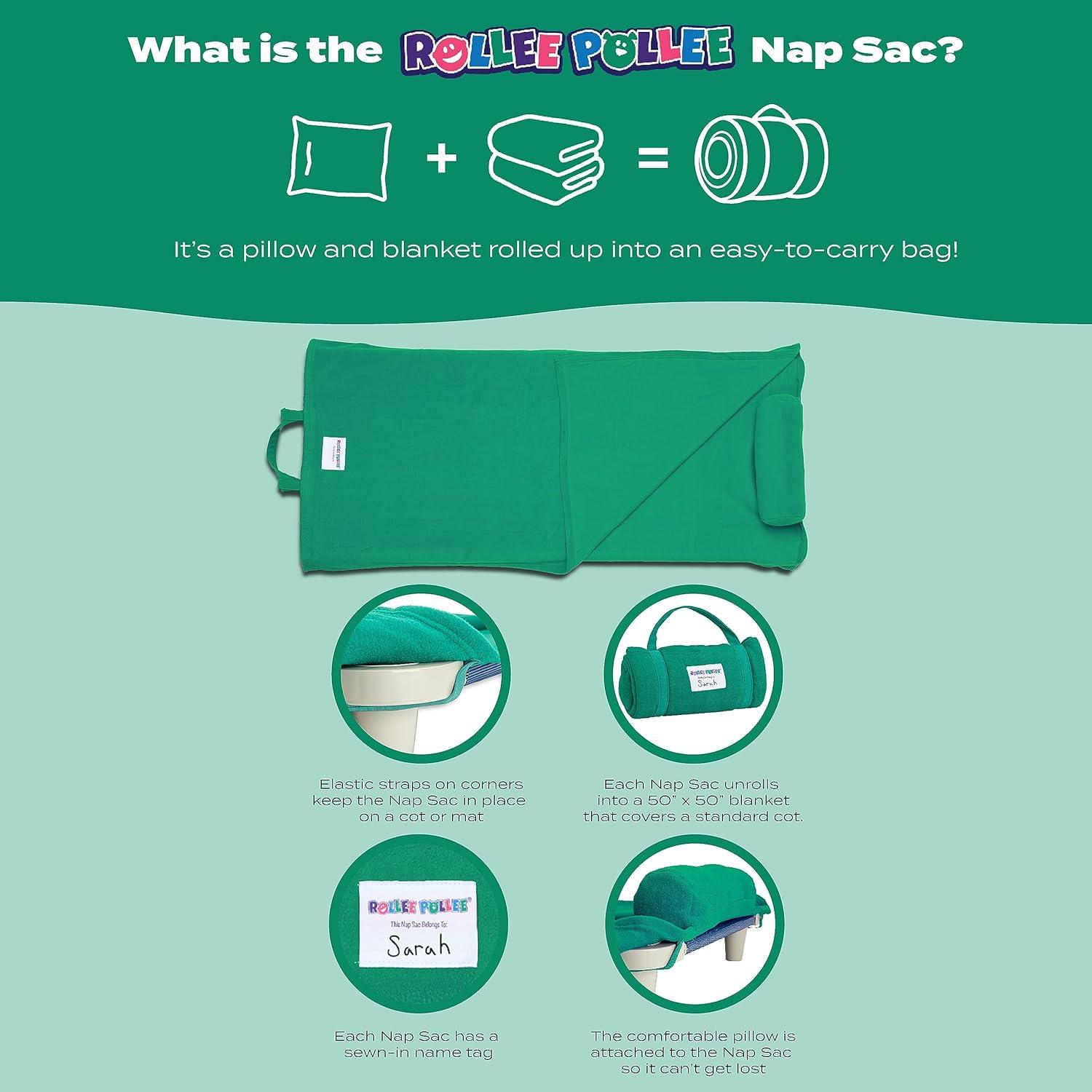 imageROLLEE POLLEE Nap Sac Roll Up Napping Blanket with Attached Pillow for PreschoolDaycare Super Soft with Elastic Straps Fits Most Mats and CotsGreen