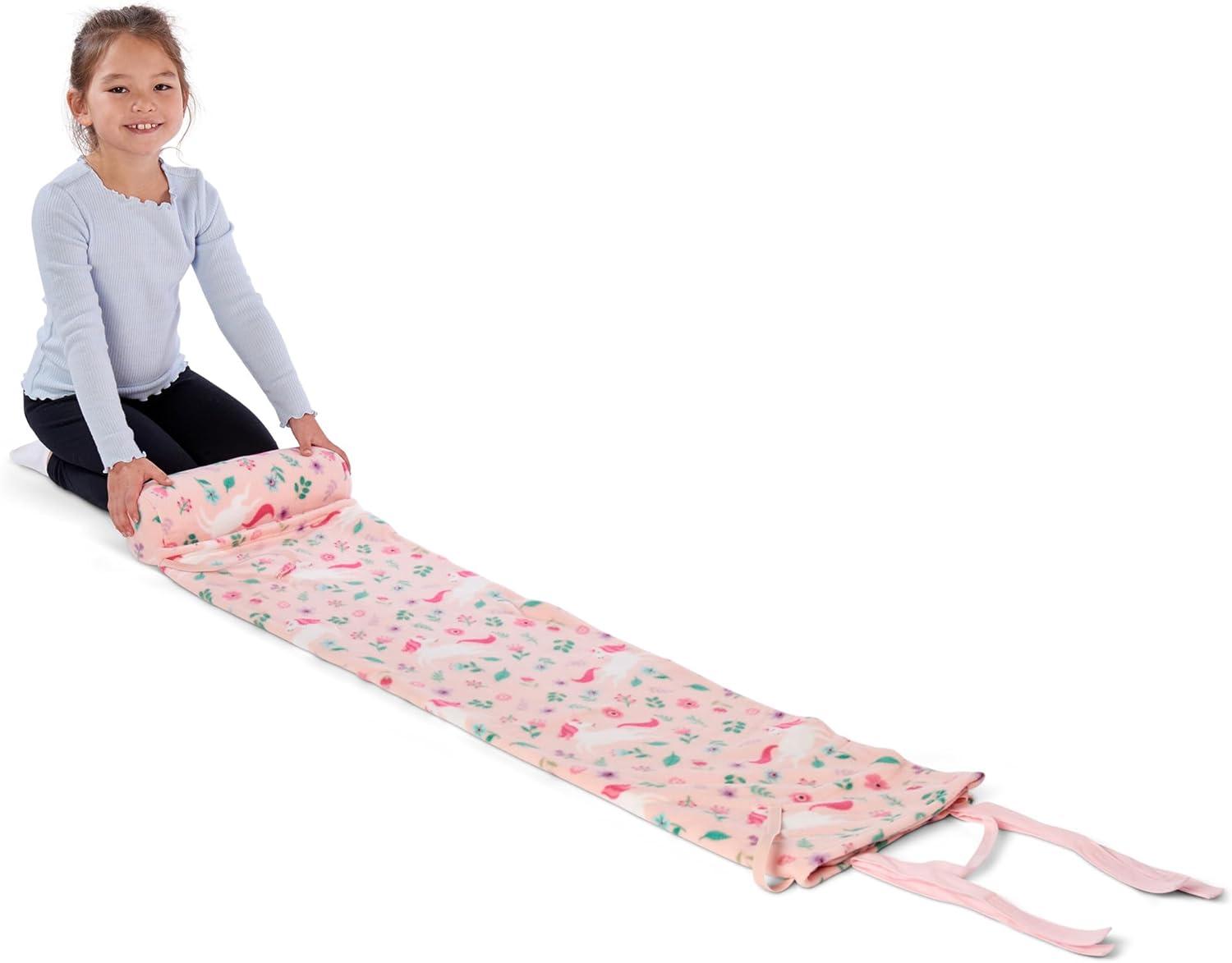 imageROLLEE POLLEE Nap Sac Roll Up Napping Blanket with Attached Pillow for PreschoolDaycare Super Soft with Elastic Straps Fits Most Mats and CotsUnicorn Garden