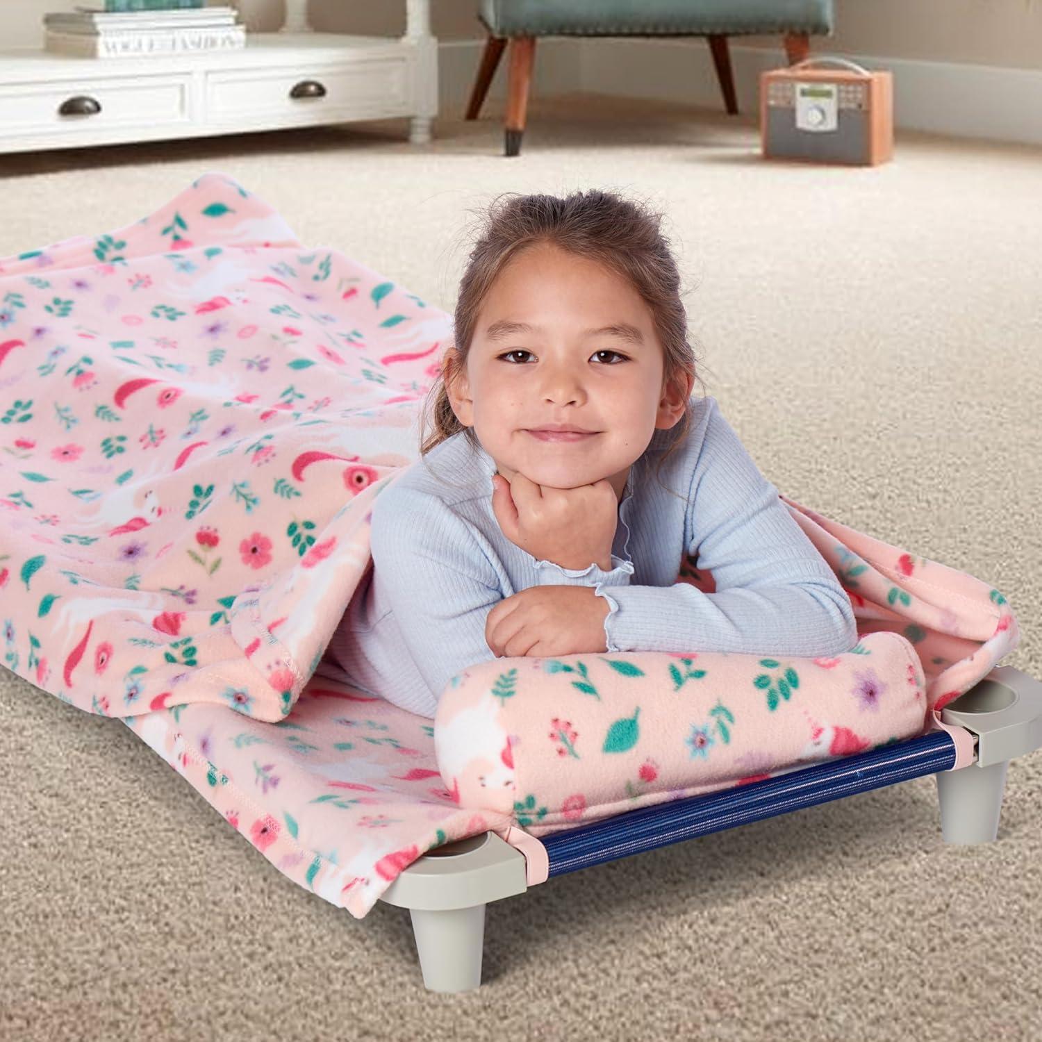 imageROLLEE POLLEE Nap Sac Roll Up Napping Blanket with Attached Pillow for PreschoolDaycare Super Soft with Elastic Straps Fits Most Mats and CotsUnicorn Garden