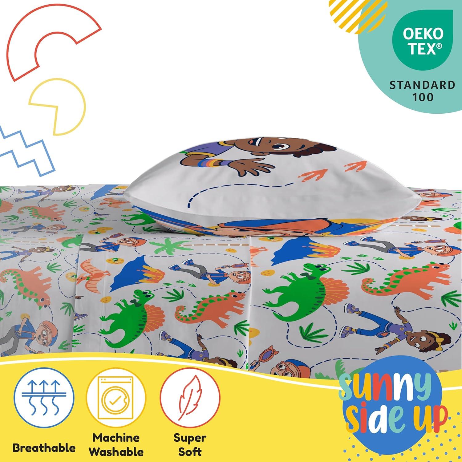 imageSunny Side Up Bluey amp Friends Full Sheet Set 4 Piece Kids Bedding Set Includes Pillow Cover Super Soft Microfiber SheetsGray Blippi