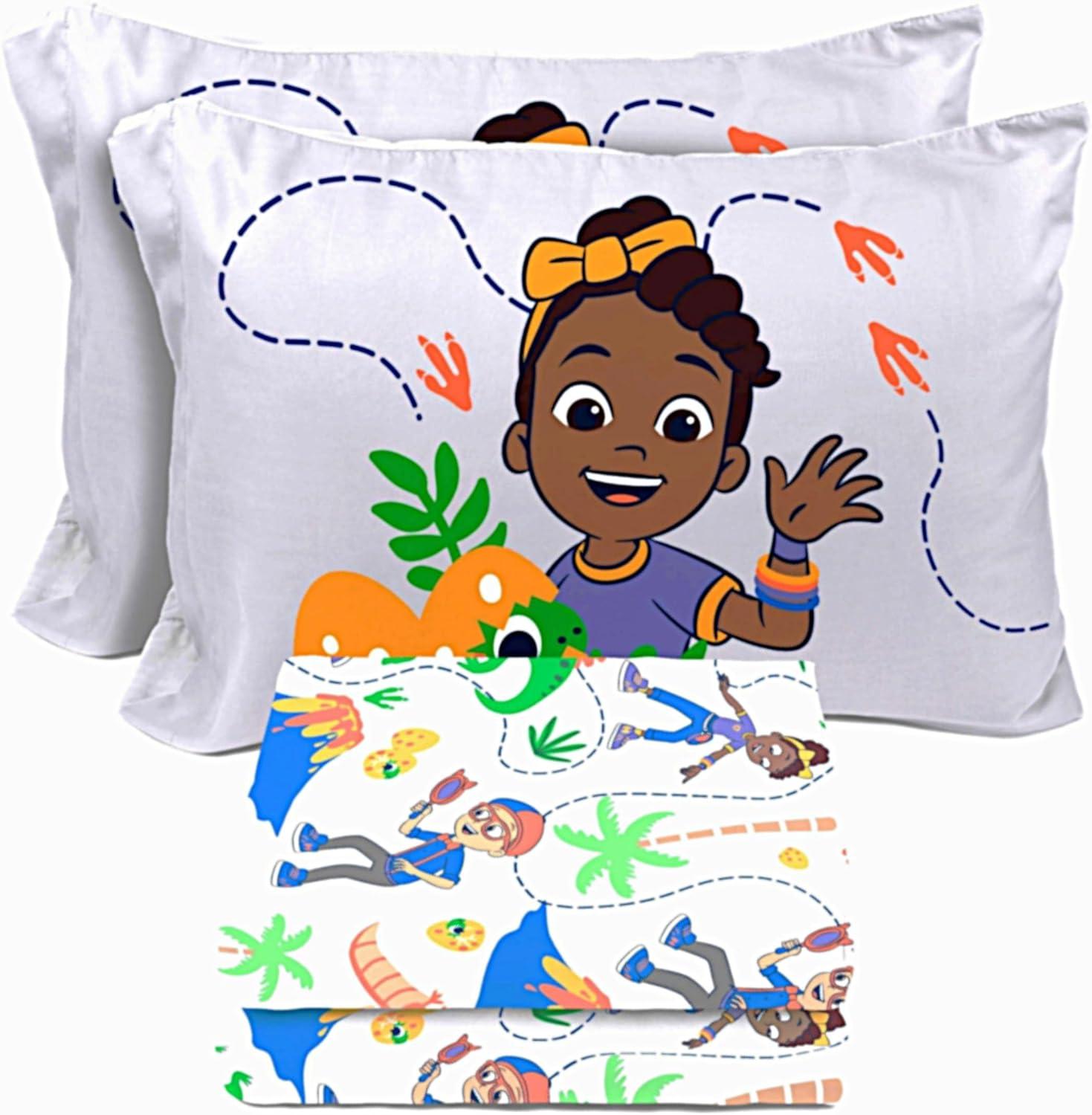 imageSunny Side Up Bluey amp Friends Full Sheet Set 4 Piece Kids Bedding Set Includes Pillow Cover Super Soft Microfiber SheetsGray Blippi