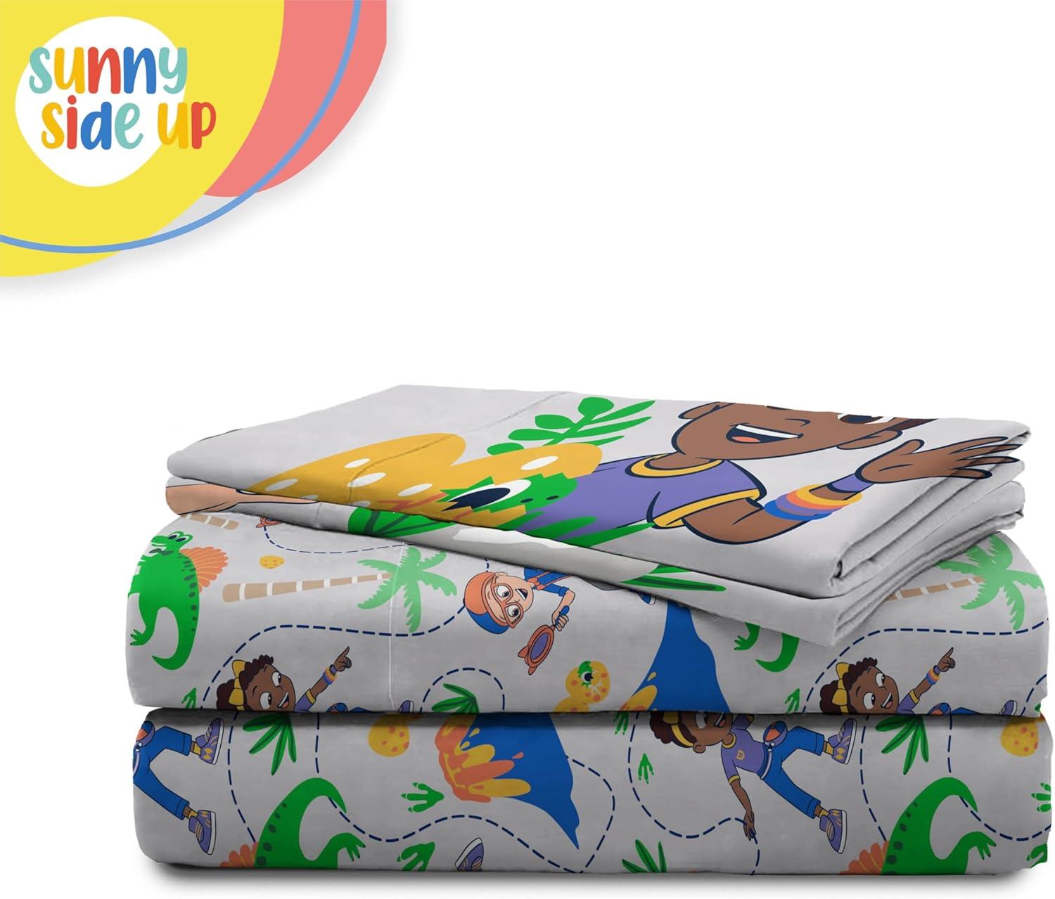imageSunny Side Up Bluey amp Friends Full Sheet Set 4 Piece Kids Bedding Set Includes Pillow Cover Super Soft Microfiber SheetsGray Blippi