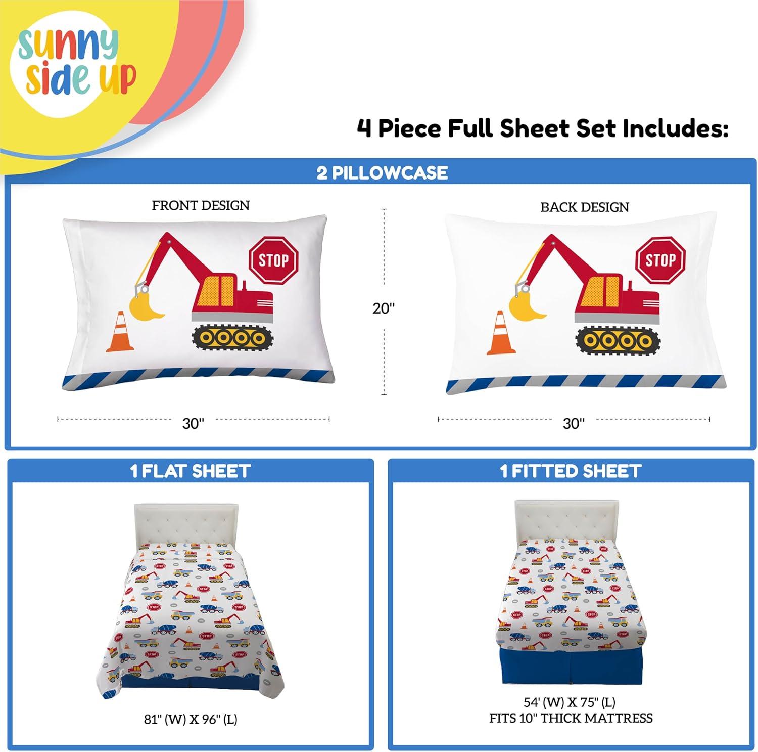 imageSunny Side Up Bluey amp Friends Full Sheet Set 4 Piece Kids Bedding Set Includes Pillow Cover Super Soft Microfiber SheetsWhite Construction Zone
