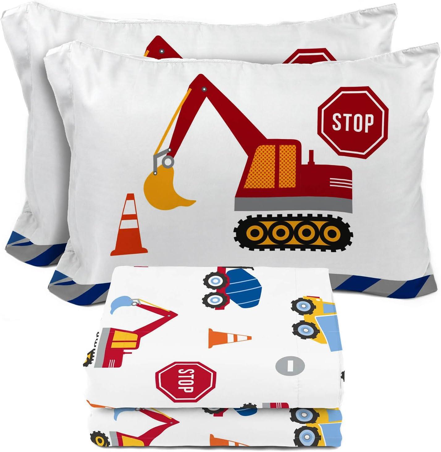 imageSunny Side Up Bluey amp Friends Full Sheet Set 4 Piece Kids Bedding Set Includes Pillow Cover Super Soft Microfiber SheetsWhite Construction Zone