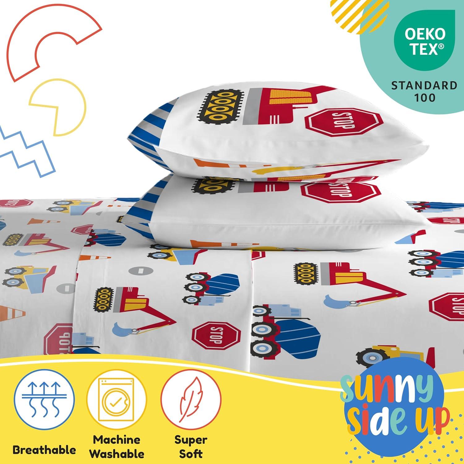 imageSunny Side Up Bluey amp Friends Full Sheet Set 4 Piece Kids Bedding Set Includes Pillow Cover Super Soft Microfiber SheetsWhite Construction Zone