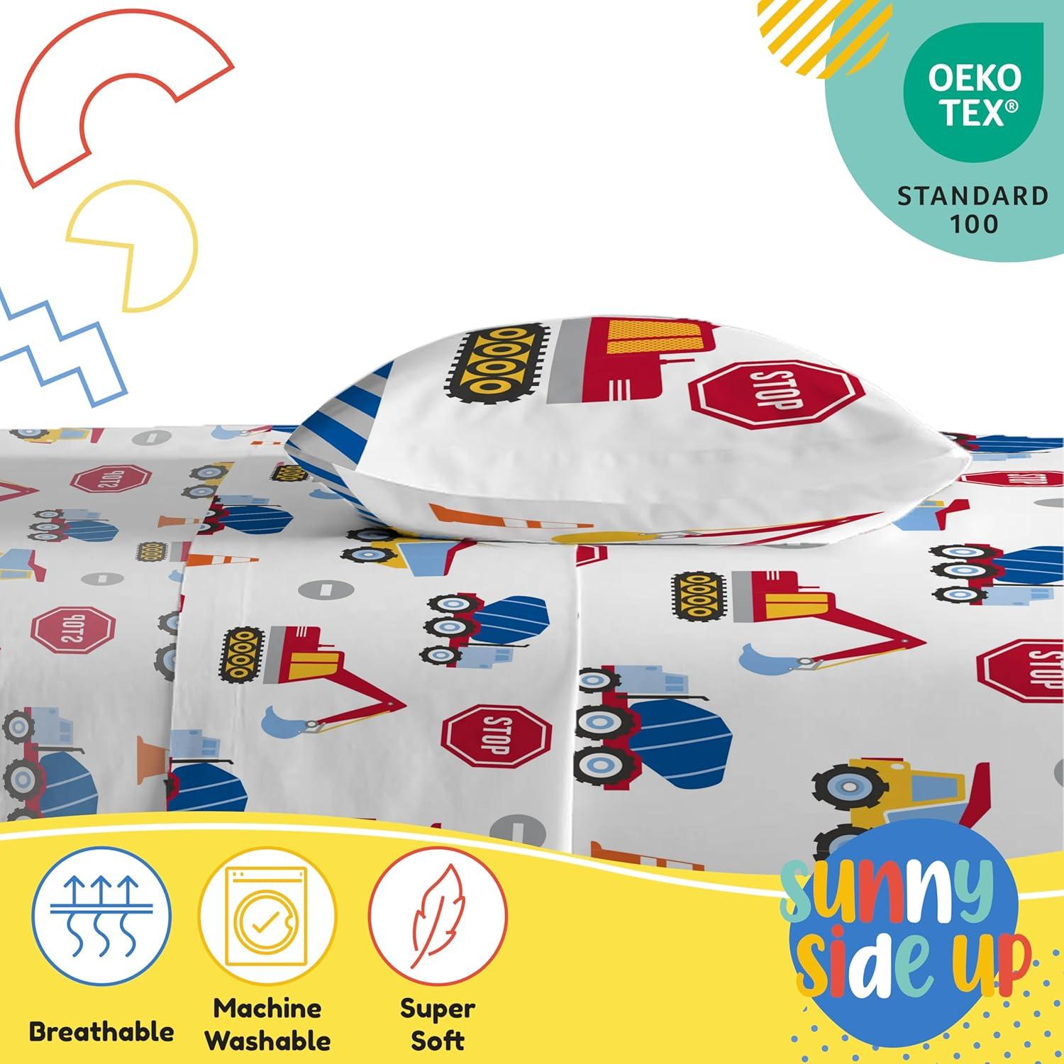 imageSunny Side Up Bluey amp Friends Full Sheet Set 4 Piece Kids Bedding Set Includes Pillow Cover Super Soft Microfiber SheetsWhite Construction Zone