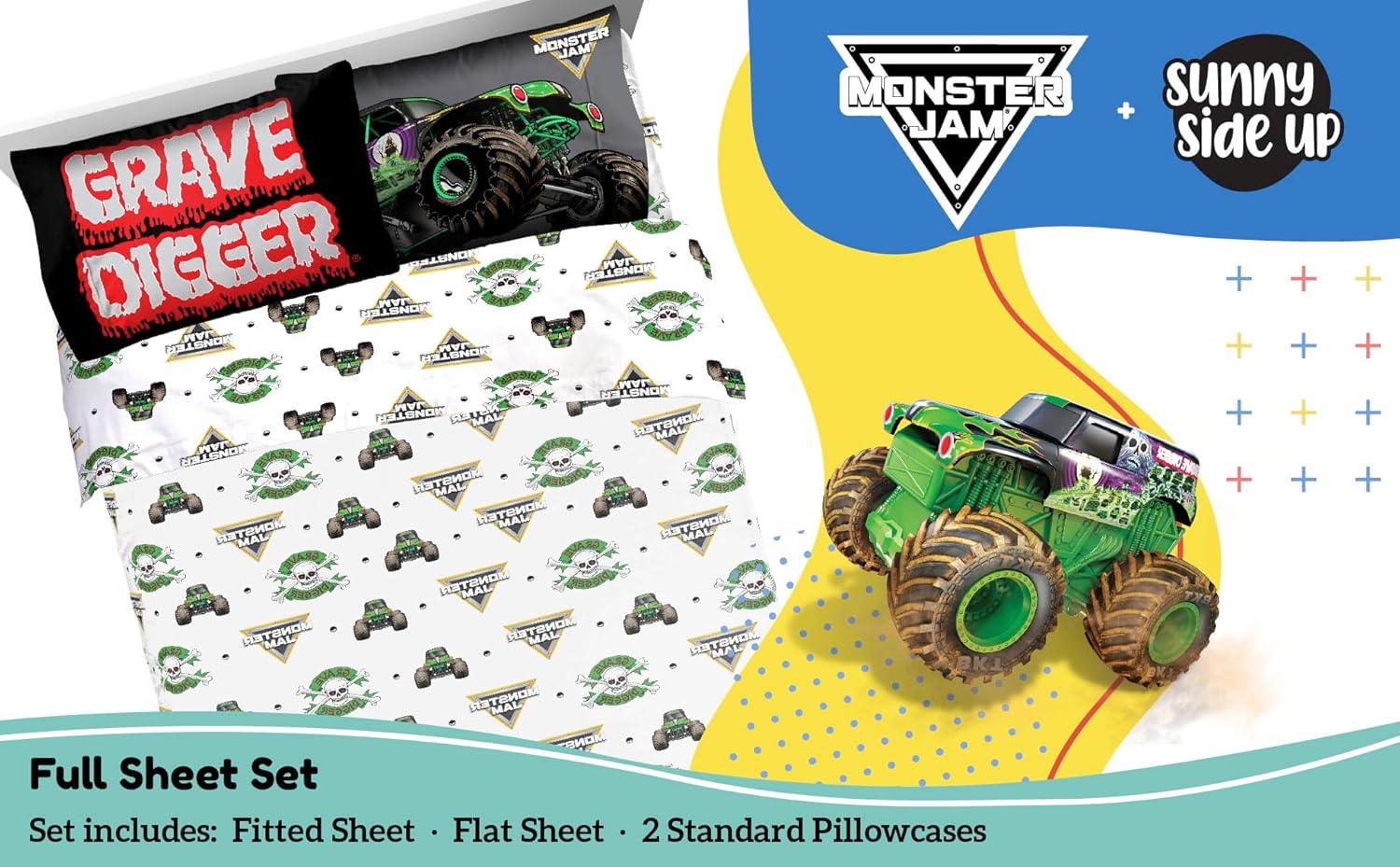 imageSunny Side Up Bluey amp Friends Full Sheet Set 4 Piece Kids Bedding Set Includes Pillow Cover Super Soft Microfiber SheetsWhite Monster Jam