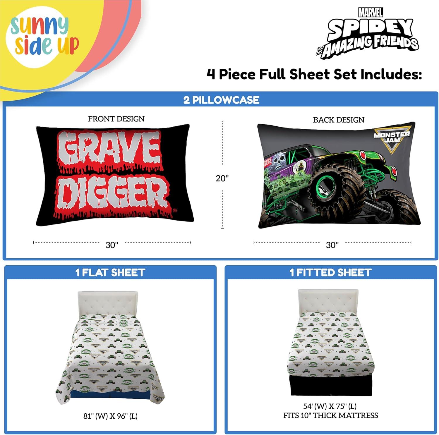 imageSunny Side Up Bluey amp Friends Full Sheet Set 4 Piece Kids Bedding Set Includes Pillow Cover Super Soft Microfiber SheetsWhite Monster Jam