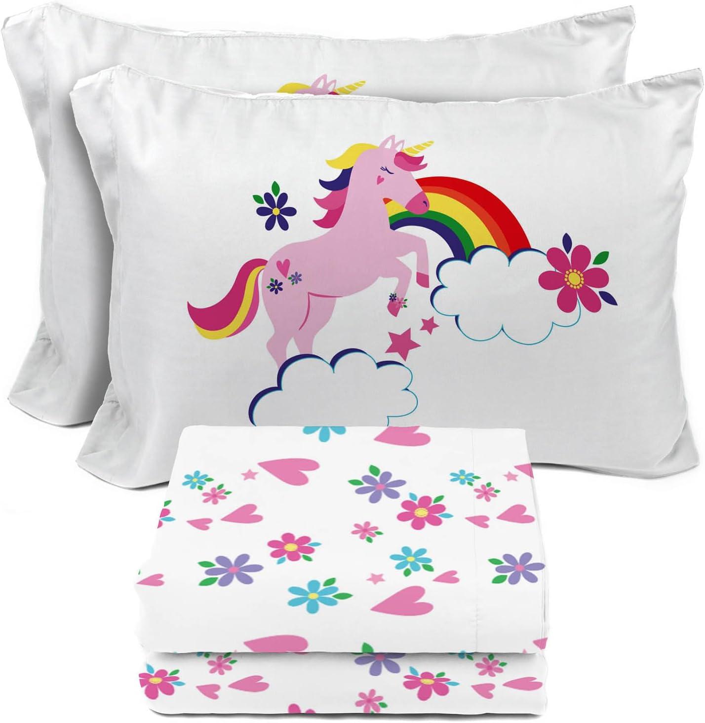imageSunny Side Up Bluey amp Friends Full Sheet Set 4 Piece Kids Bedding Set Includes Pillow Cover Super Soft Microfiber SheetsWhite Rainbow Unicorn