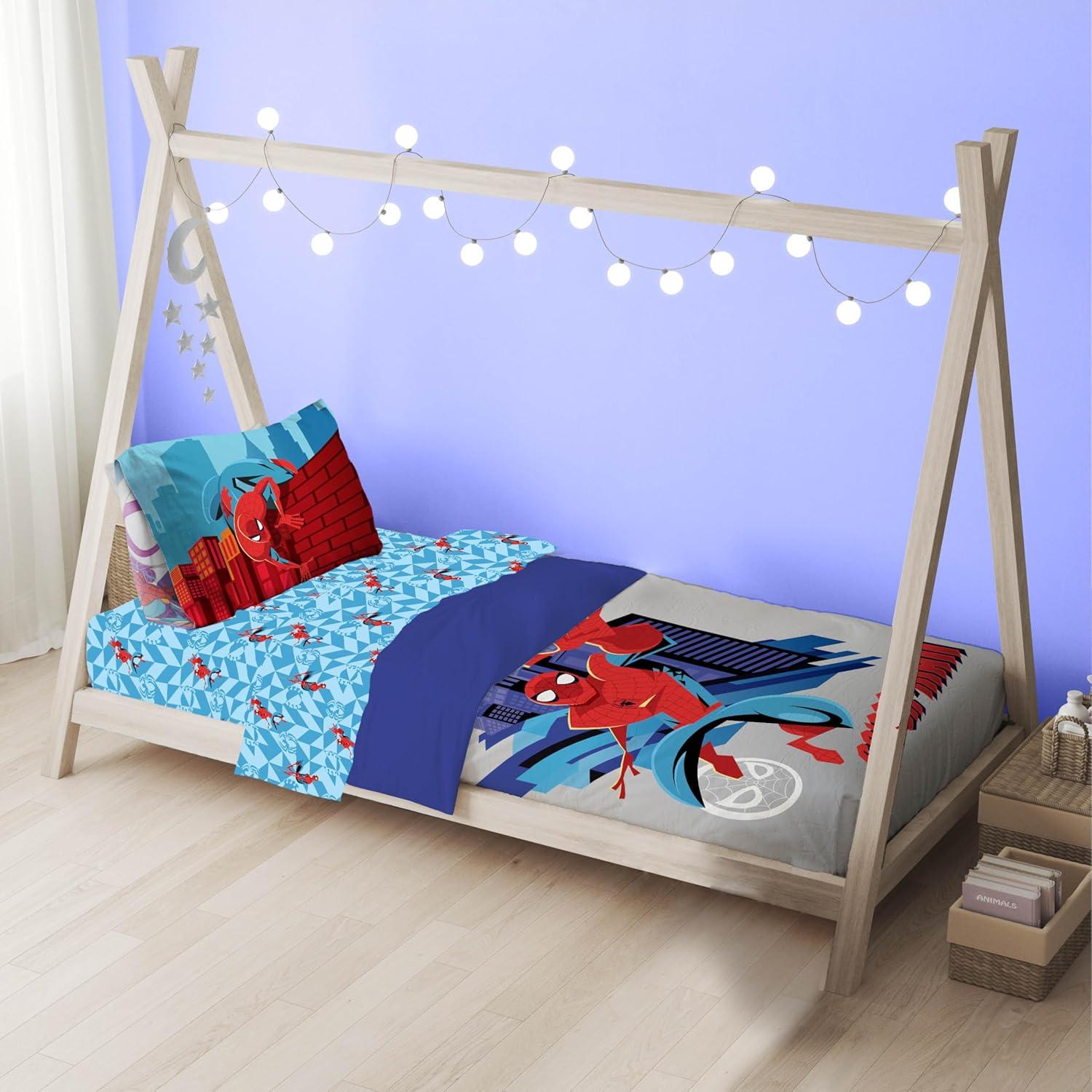 imageSunny Side Up Bluey amp Friends Toddler Comforter Set 4 Piece Preschool Bedding Includes Comforter Sheets amp Pillow Cover Super Soft Microfiber Bed SetGray Spiderman