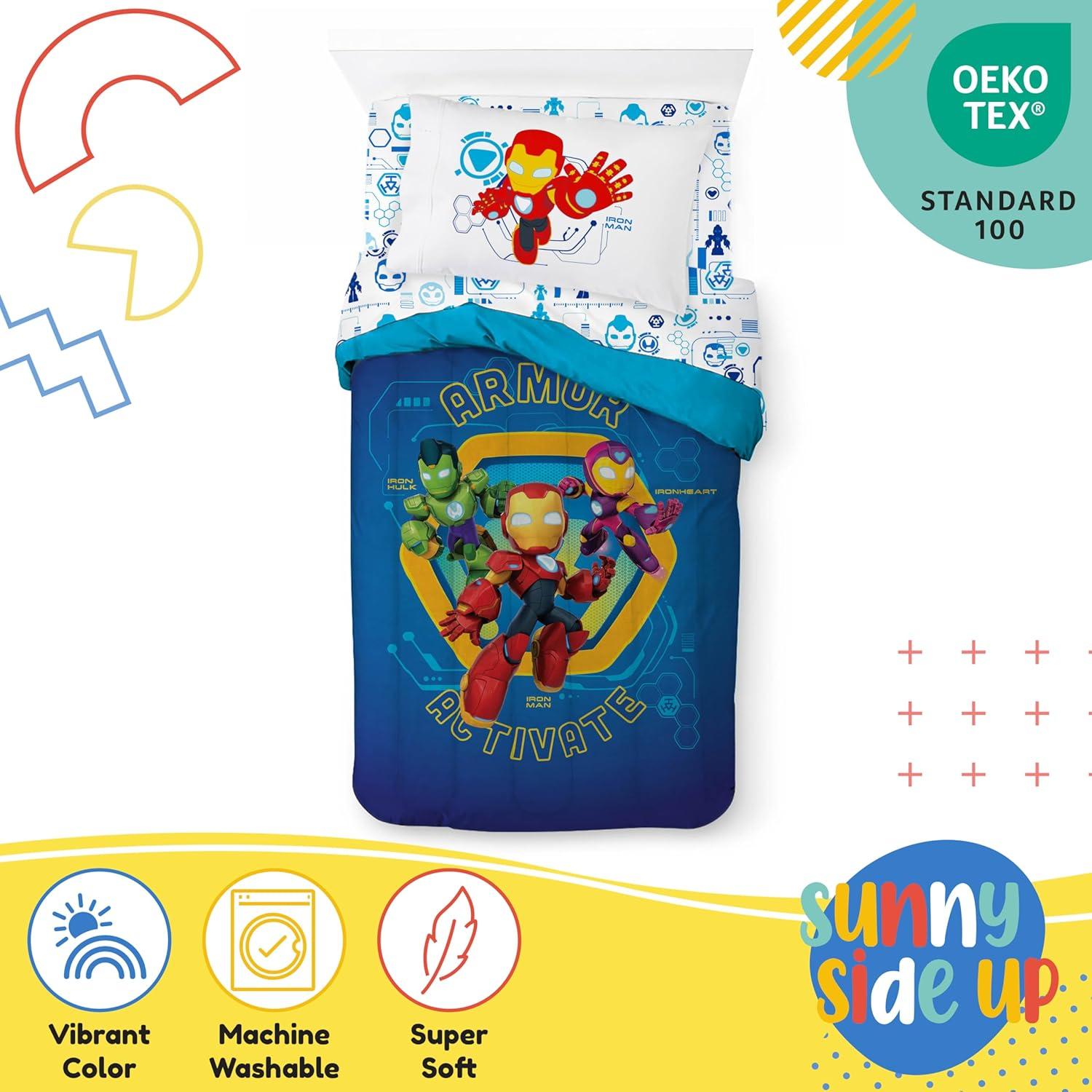 imageSunny Side Up Bluey amp Friends Toddler Comforter Set 4 Piece Preschool Bedding Includes Comforter Sheets amp Pillow Cover Super Soft Microfiber Bed SetBlue Iron Man His Awesome Friends