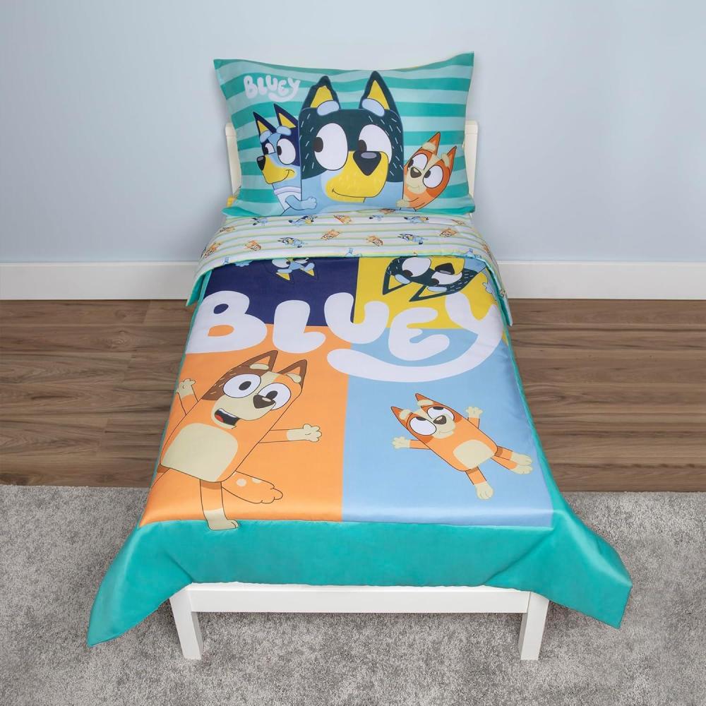 imageBluey 4 Piece Toddler Bedding Set Includes Comforter Sheet Set Fitted Top Sheet Reversible Pillowcase for Boys or Girls Bed BlueBluey Blue 4 Pc Toddler Set