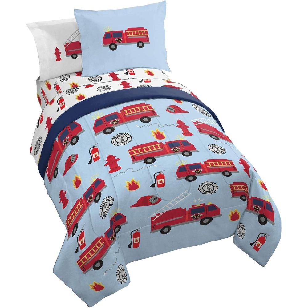 imageJay Franco Bluey amp Bingo Twin Comforter Set 5 Piece Bed Set Includes Sheet Set amp Pillow Covers Super Soft Clouds amp Stars Kids BeddingBlue Fire Truck