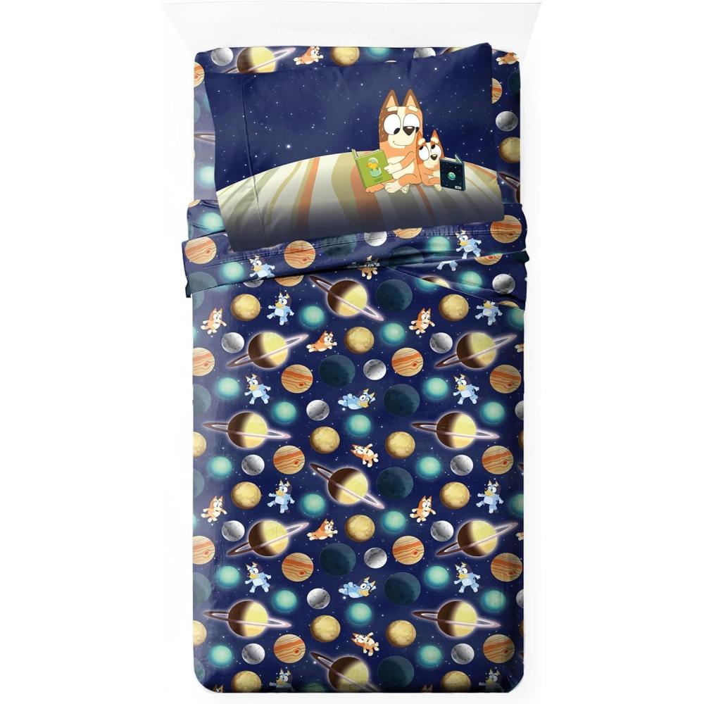 imageJay Franco Kids Sheet Set with Fitted Flat Sheets amp Pillow Cover UltraSoft Bedding with Pillowcase for Room Decor Blue Bluey amp Bingo 3 Piece TwinBlue Bluey Bingo