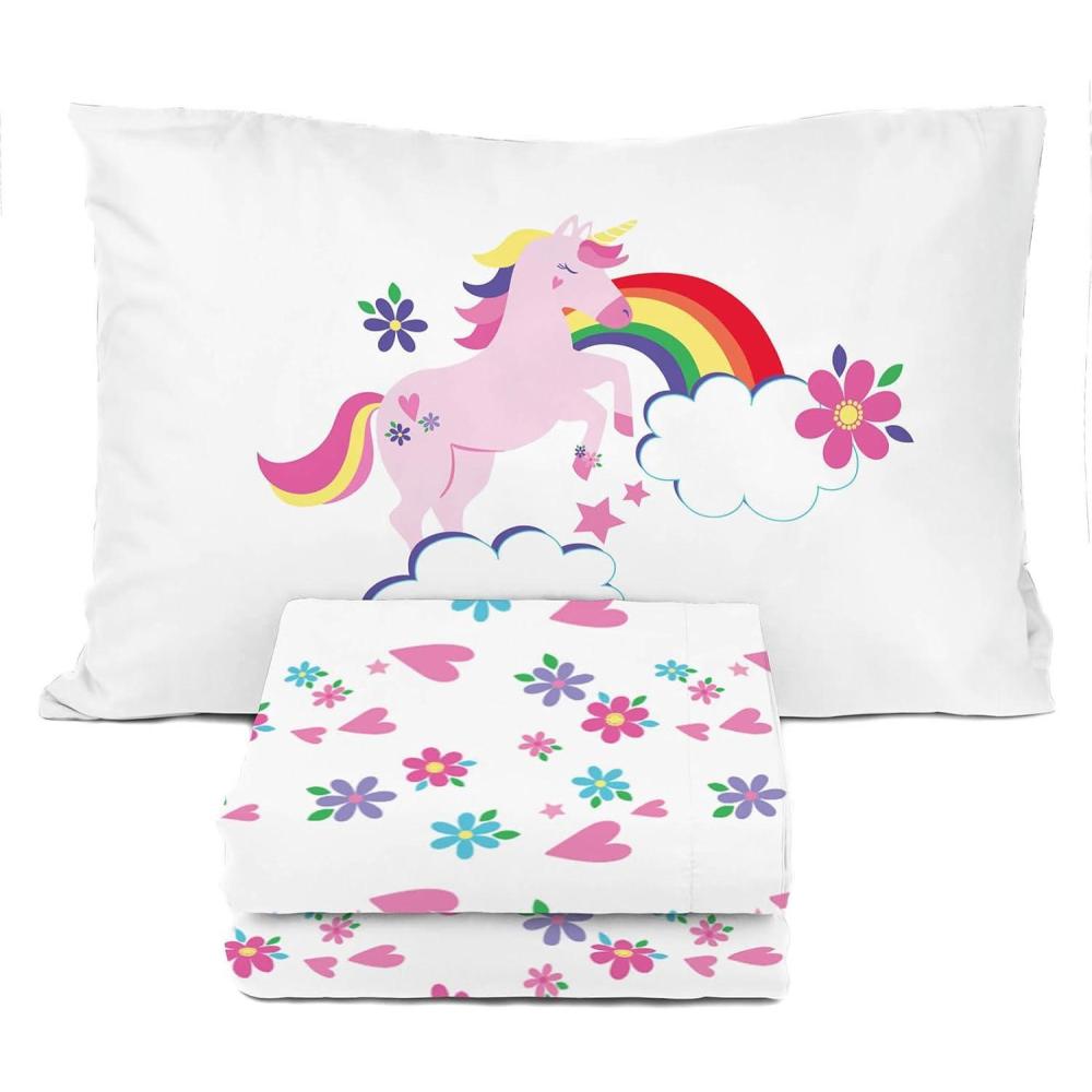 imageSunny Side Up Bluey amp Friends Full Sheet Set 4 Piece Kids Bedding Set Includes Pillow Cover Super Soft Microfiber SheetsWhite Rainbow Unicorn