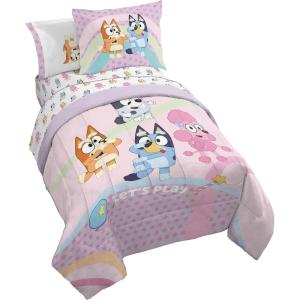 Jay Franco Kids Comforter Set Includes Sheets and Pillow Covers – Soft and Cozy Bed Set for Stylish Room Decor, Blue – Bluey 5 Piece Twin Size Bedding(Pink – Bluey)