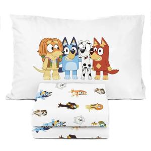 Sunny Side Up Bluey & Friends Full Sheet Set – 4 Piece Kids Bedding Set Includes Pillow Cover – Super Soft Microfiber Sheets(White – Bluey)