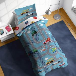 Sunny Side Up Bluey & Friends Toddler Comforter Set – 4 Piece Preschool Bedding Includes Comforter, Sheets & Pillow Cover – Super Soft Microfiber Bed Set(Blue – on the Go)