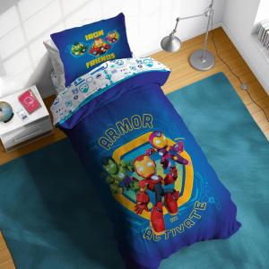 Sunny Side Up Bluey & Friends Toddler Comforter Set – 4 Piece Preschool Bedding Includes Comforter, Sheets & Pillow Cover – Super Soft Microfiber Bed Set(Blue – Iron Man & His Awesome Friends)