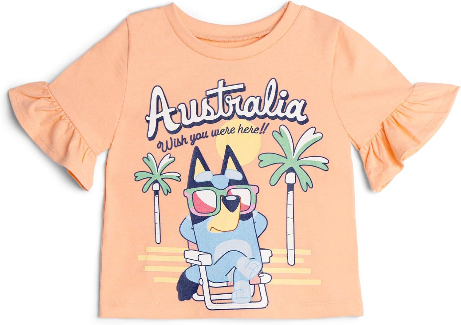 imageBluey Girls TShirt and Chambray Shorts Outfit Set Toddler to Big Kid Sizes 2T 1012Peachy Pink Blue