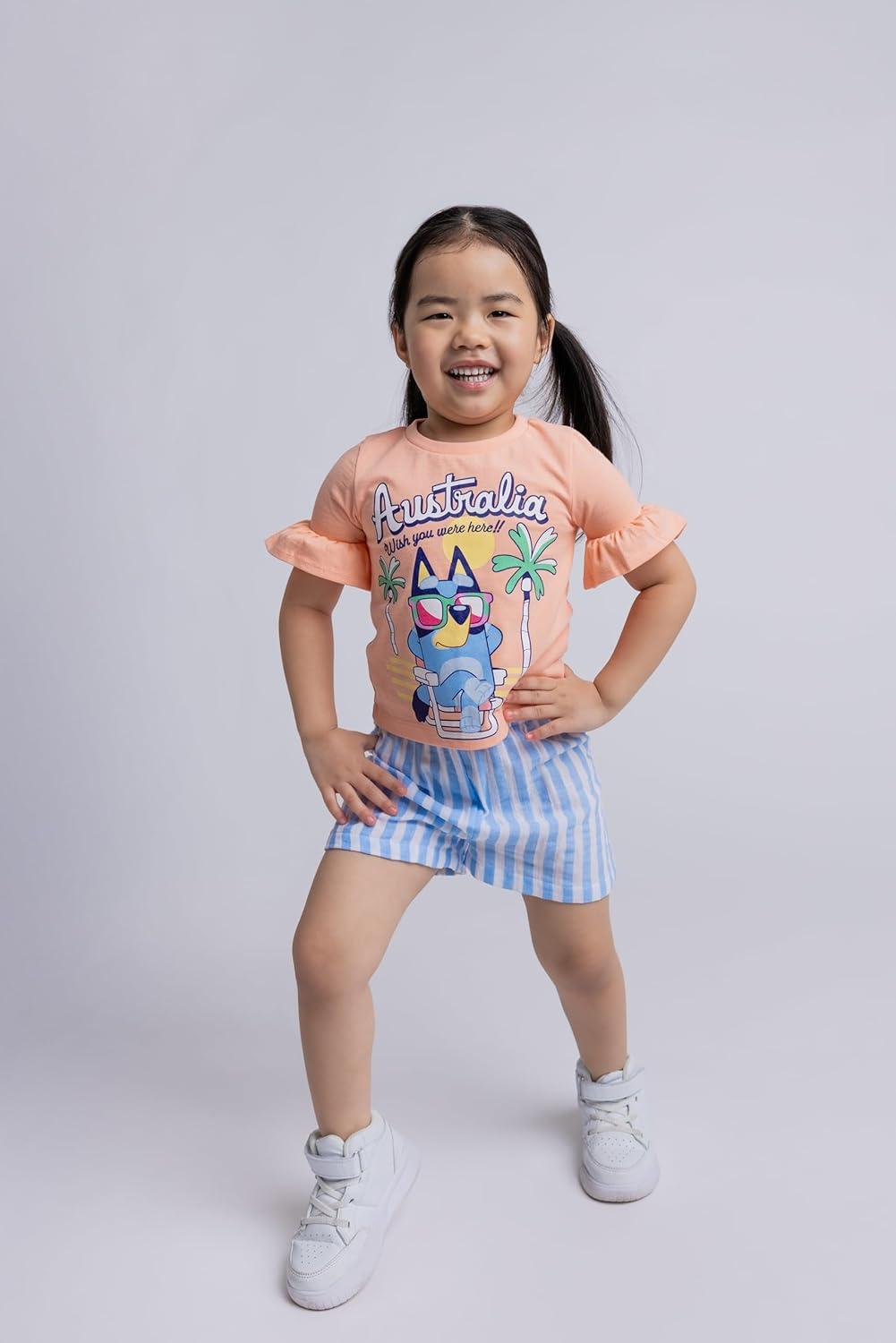 imageBluey Girls TShirt and Chambray Shorts Outfit Set Toddler to Big Kid Sizes 2T 1012Peachy Pink Blue