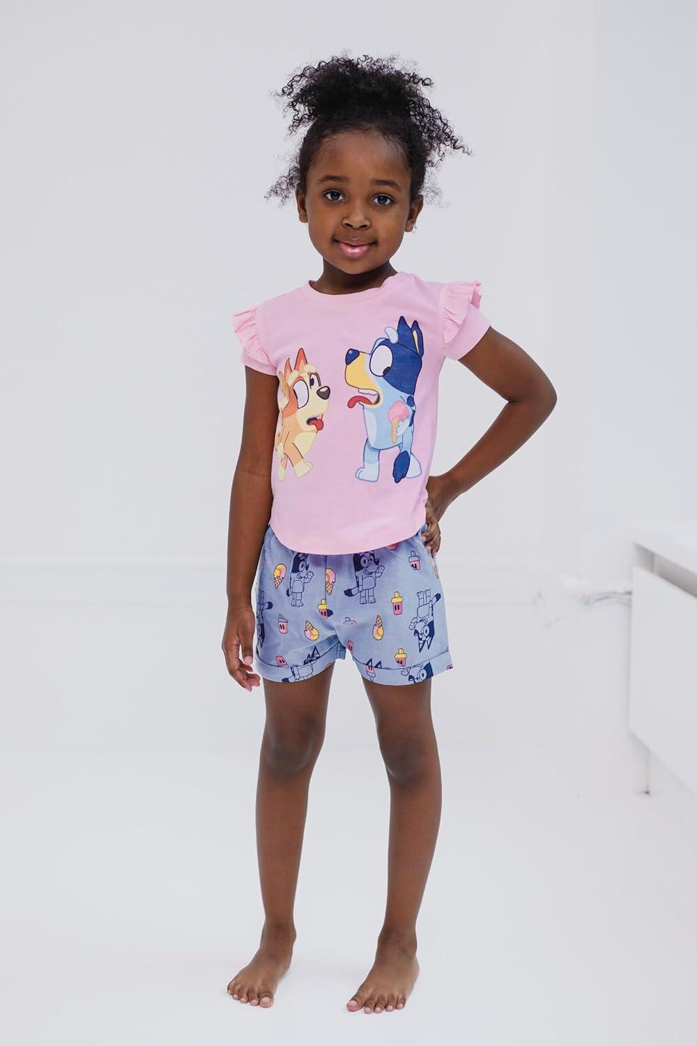 imageBluey Girls TShirt and Chambray Shorts Outfit Set Toddler to Big Kid Sizes 2T 1012Pink Multicolor
