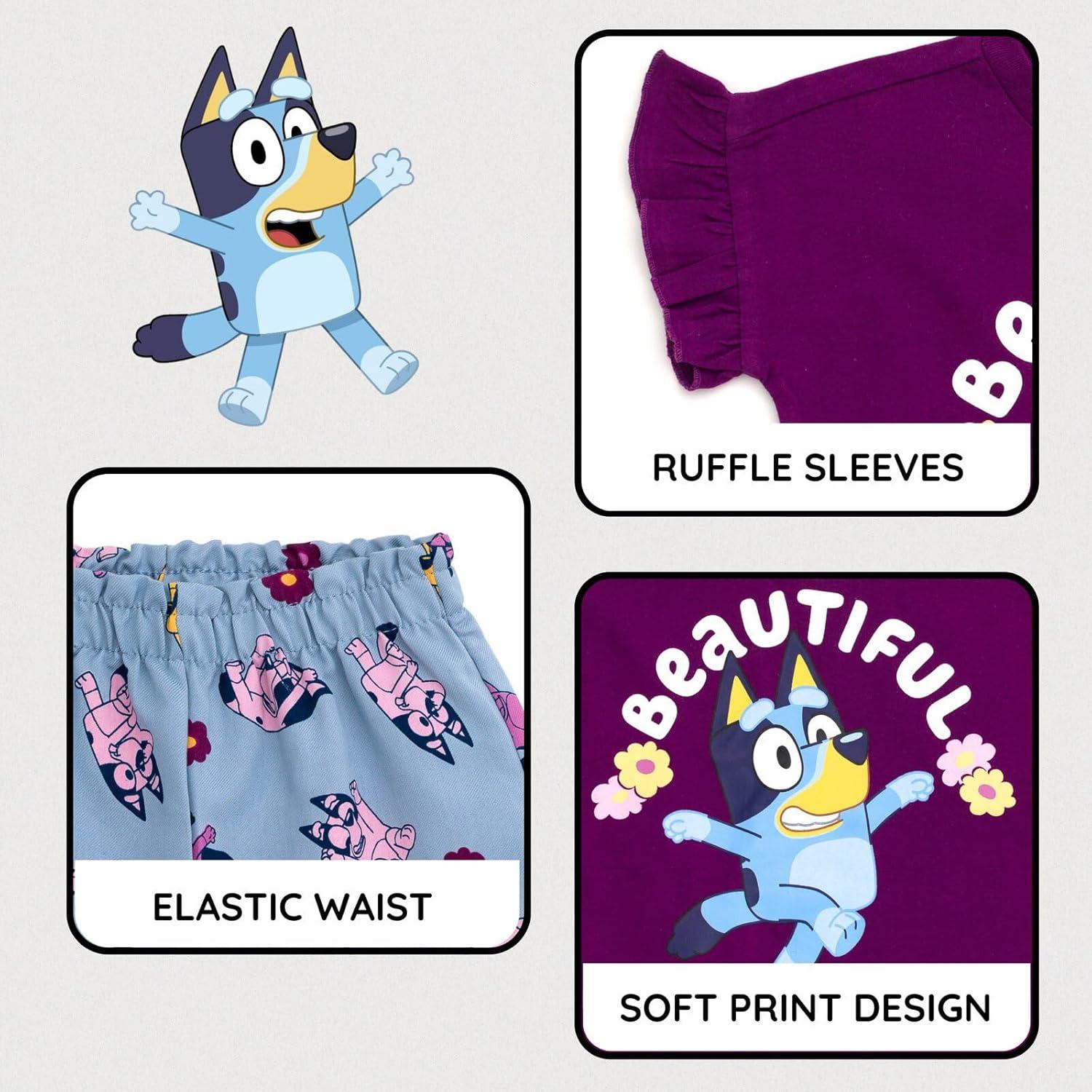 imageBluey Girls TShirt and Chambray Shorts Outfit Set Toddler to Big Kid Sizes 2T 1012Plum Purple Blue
