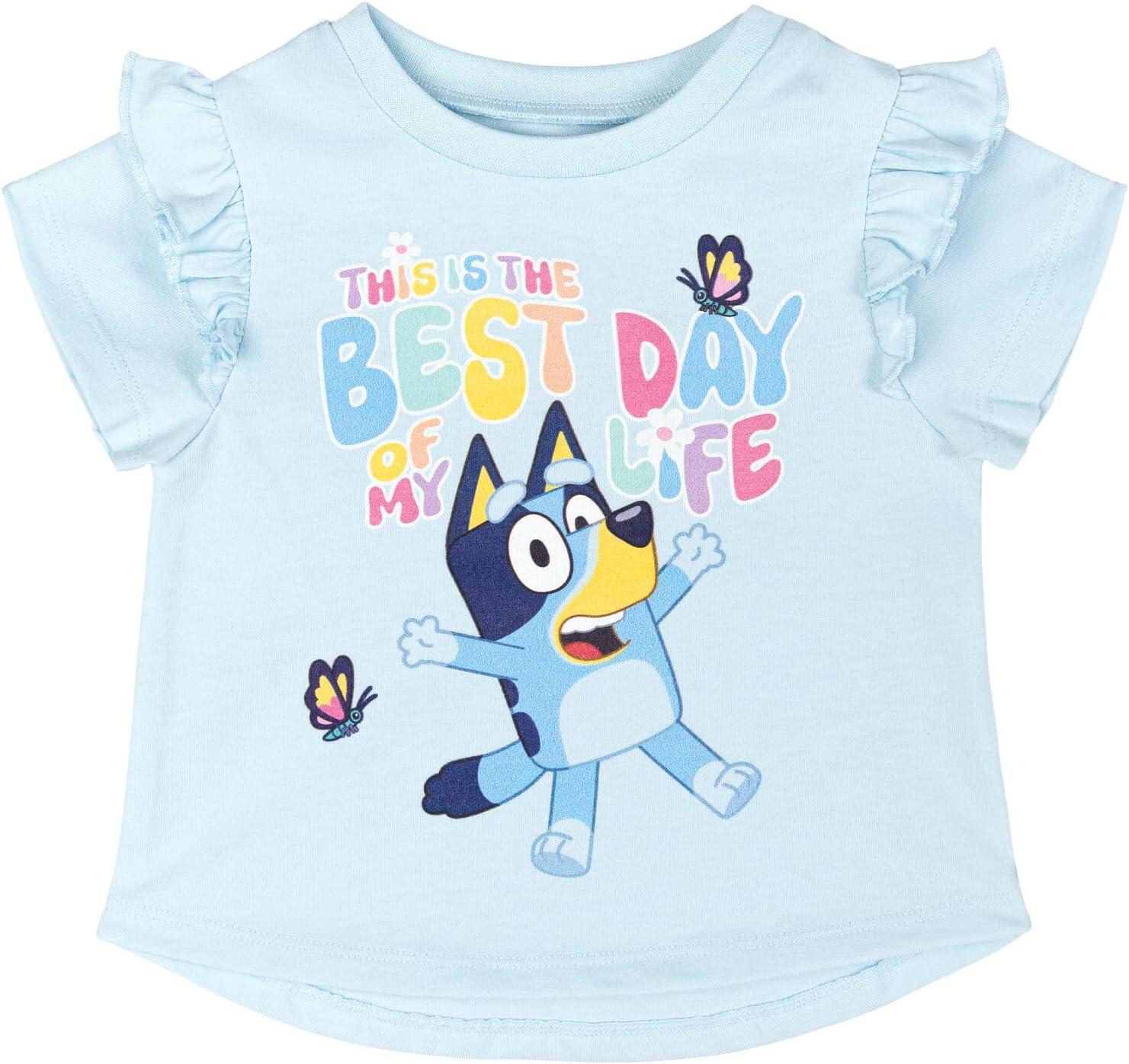 imageBluey Girls TShirt and Chambray Shorts Outfit Set Toddler to Big Kid Sizes 2T 1012Sky Blue
