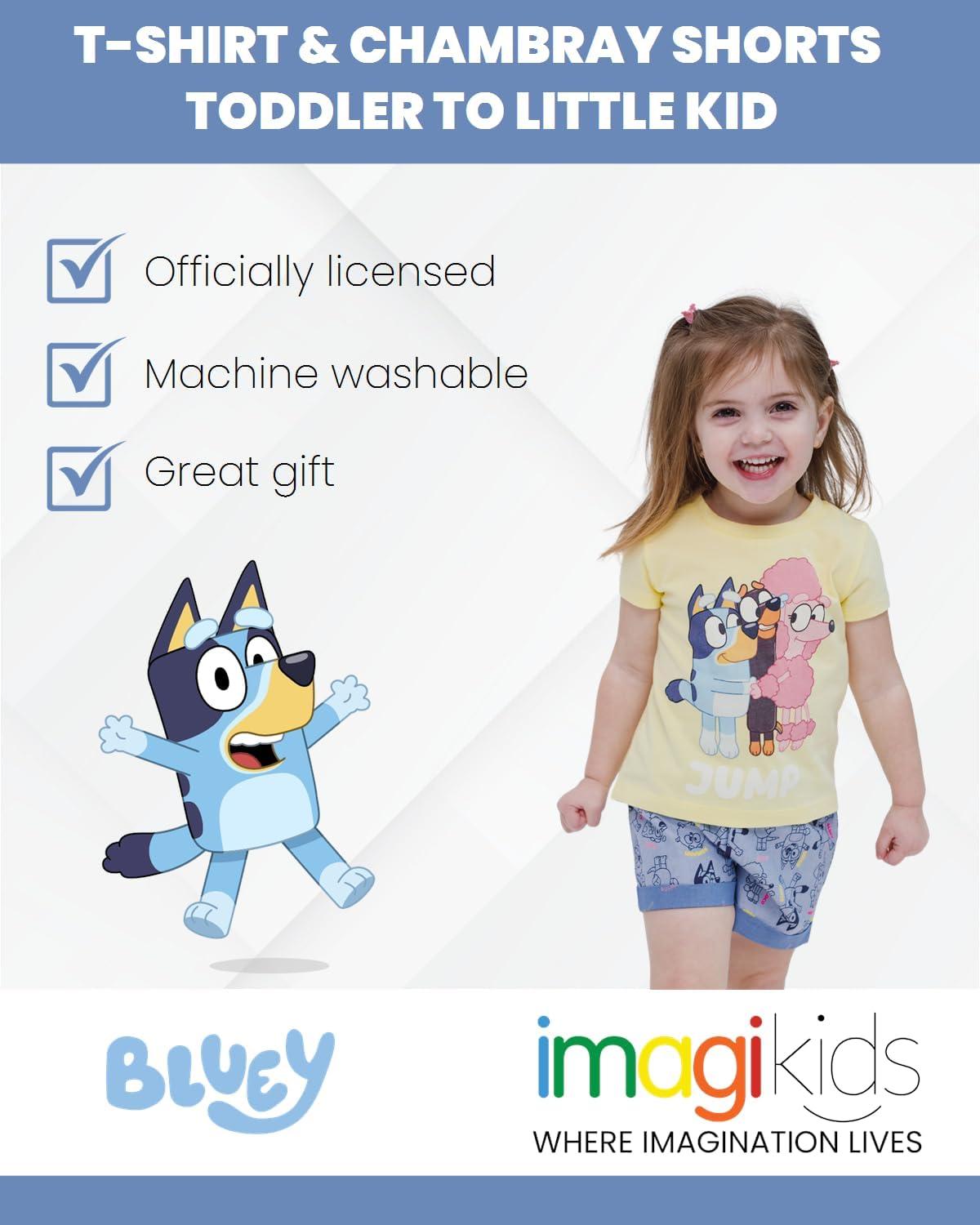 imageBluey Girls TShirt and Chambray Shorts Outfit Set Toddler to Big Kid Sizes 2T 1012Yellow Blue