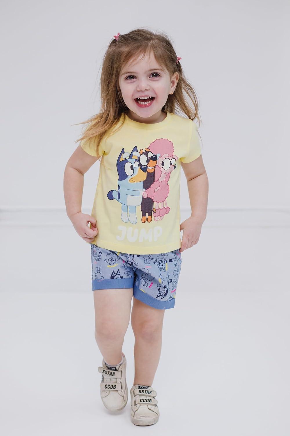 imageBluey Girls TShirt and Chambray Shorts Outfit Set Toddler to Big Kid Sizes 2T 1012Yellow Blue